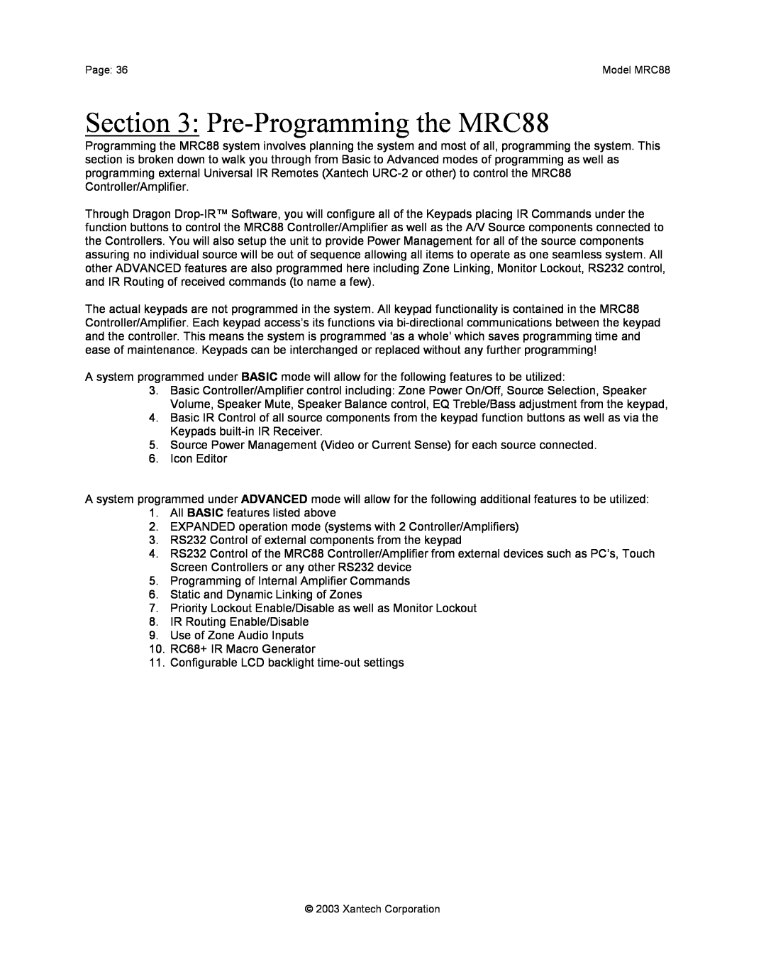 Xantech mrc88 installation instructions Pre-Programmingthe MRC88 