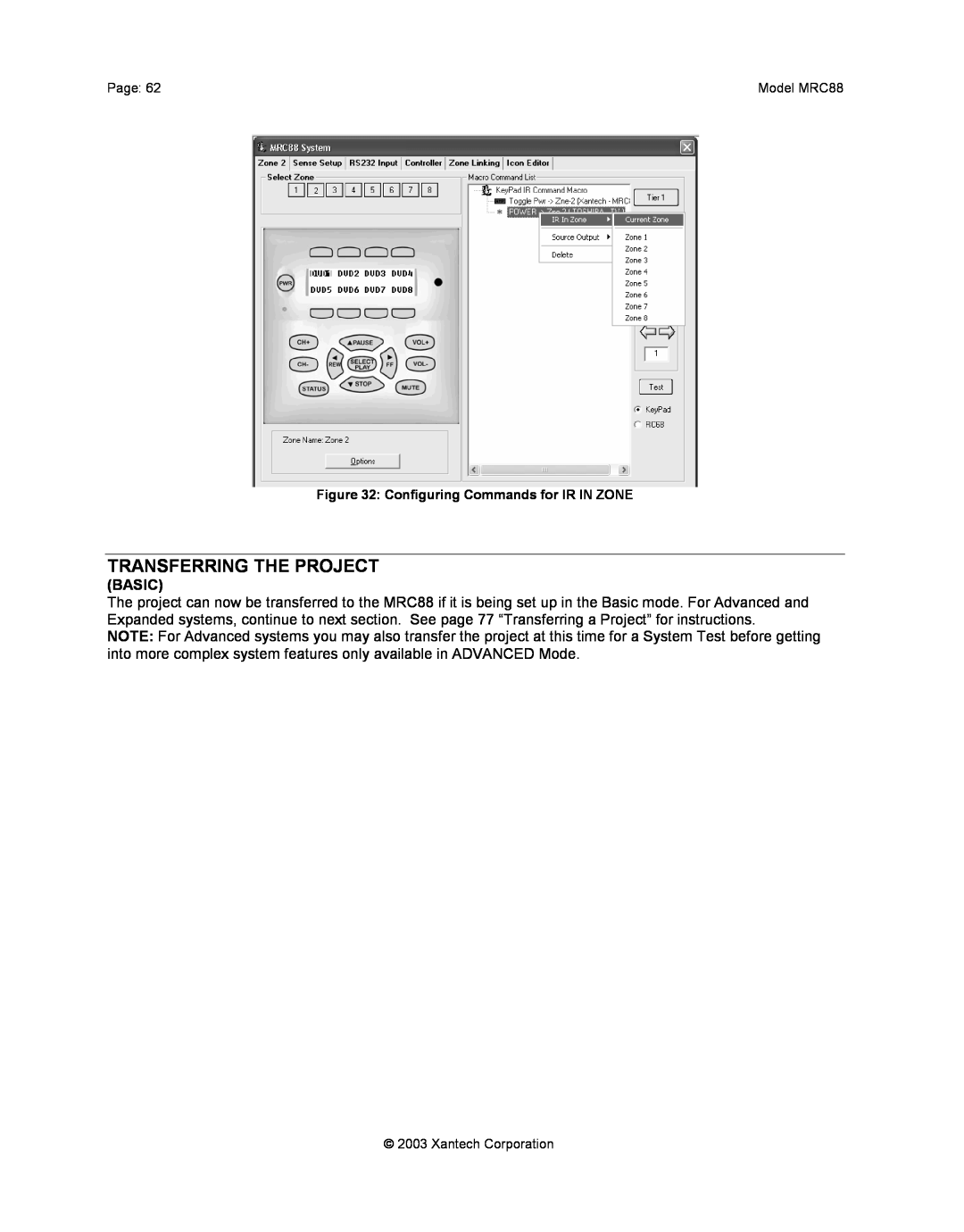 Xantech mrc88 installation instructions Transferring The Project, Basic, Configuring Commands for IR IN ZONE 
