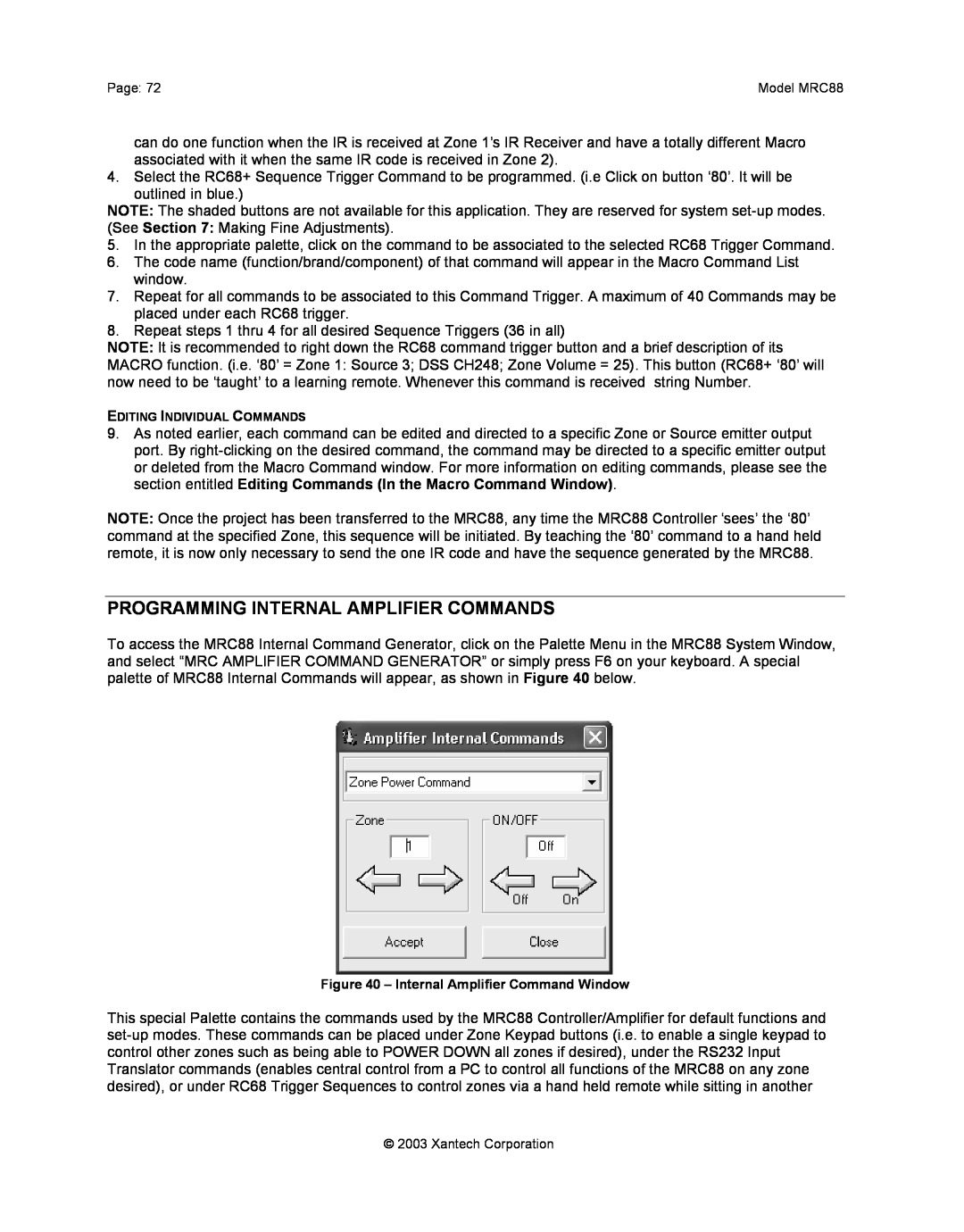 Xantech mrc88 installation instructions Programming Internal Amplifier Commands 