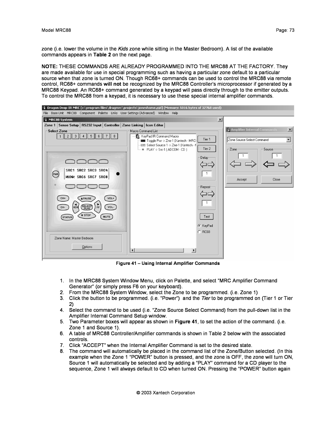 Xantech mrc88 installation instructions Using Internal Amplifier Commands 