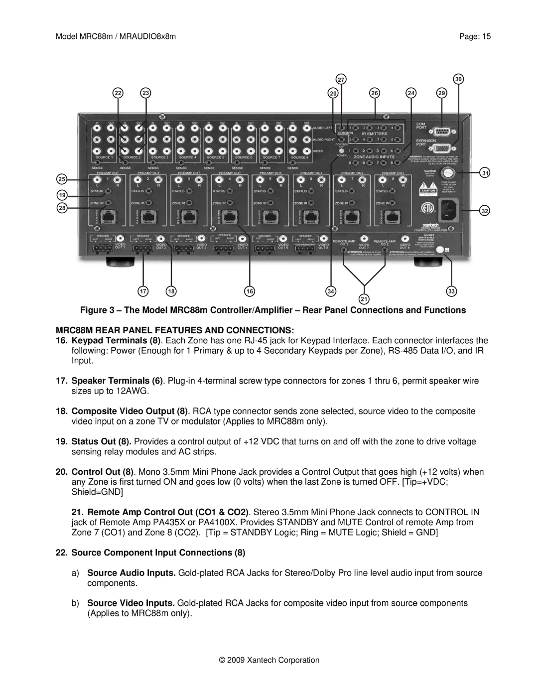 Xantech MRAUDIO8X8M MRC88M Rear Panel Features and Connections, Source Component Input Connections 