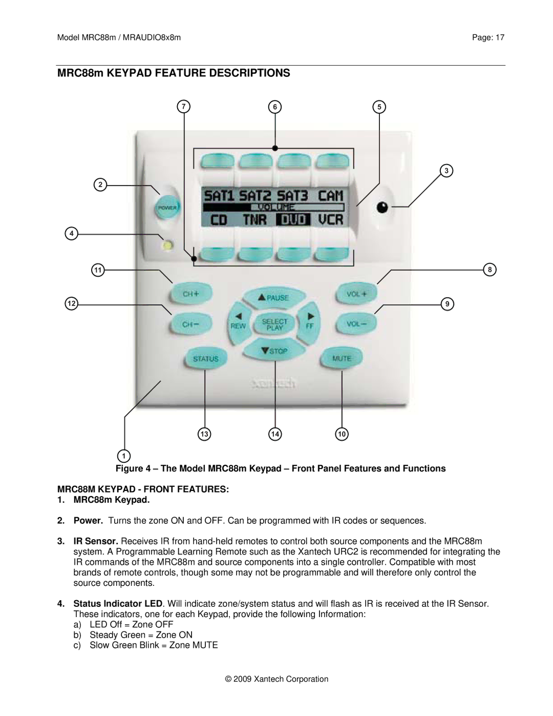 Xantech MRAUDIO8X8M installation instructions MRC88M Keypad Front Features, MRC88m Keypad 