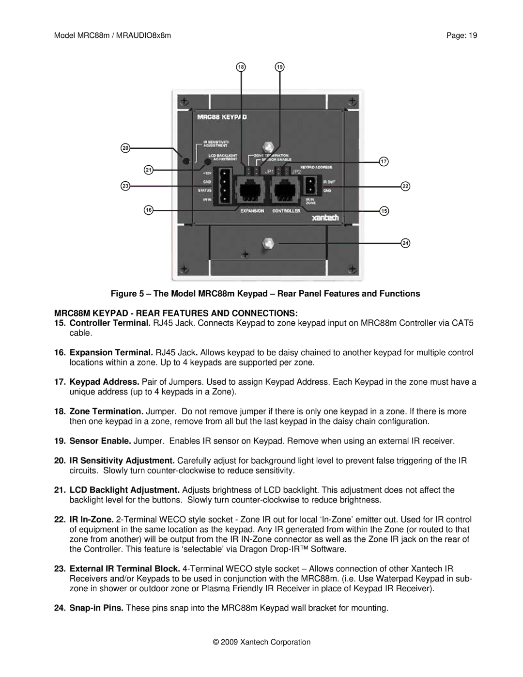 Xantech MRAUDIO8X8M Model MRC88m Keypad Rear Panel Features and Functions, MRC88M Keypad Rear Features and Connections 