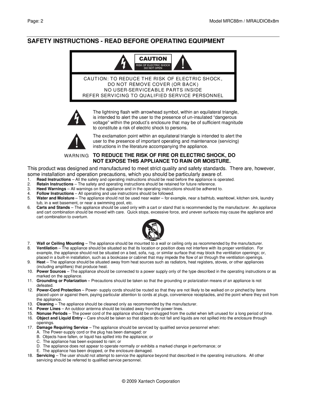 Xantech MRC88M Safety Instructions Read Before Operating Equipment, Not Expose this Appliance to Rain or Moisture 