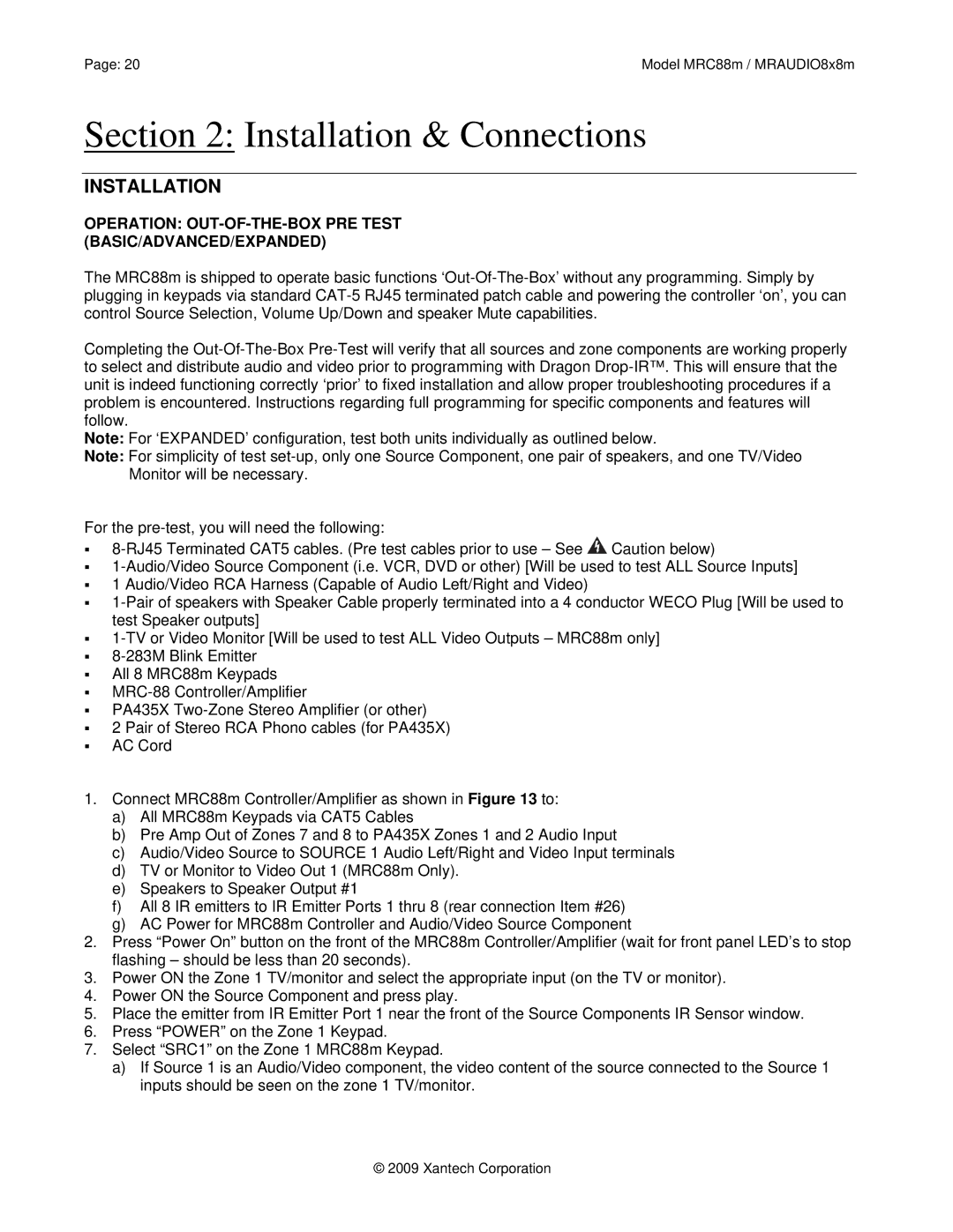 Xantech MRC88M, MRAUDIO8X8M Installation, Operation OUT-OF-THE-BOX PRE Test BASIC/ADVANCED/EXPANDED 