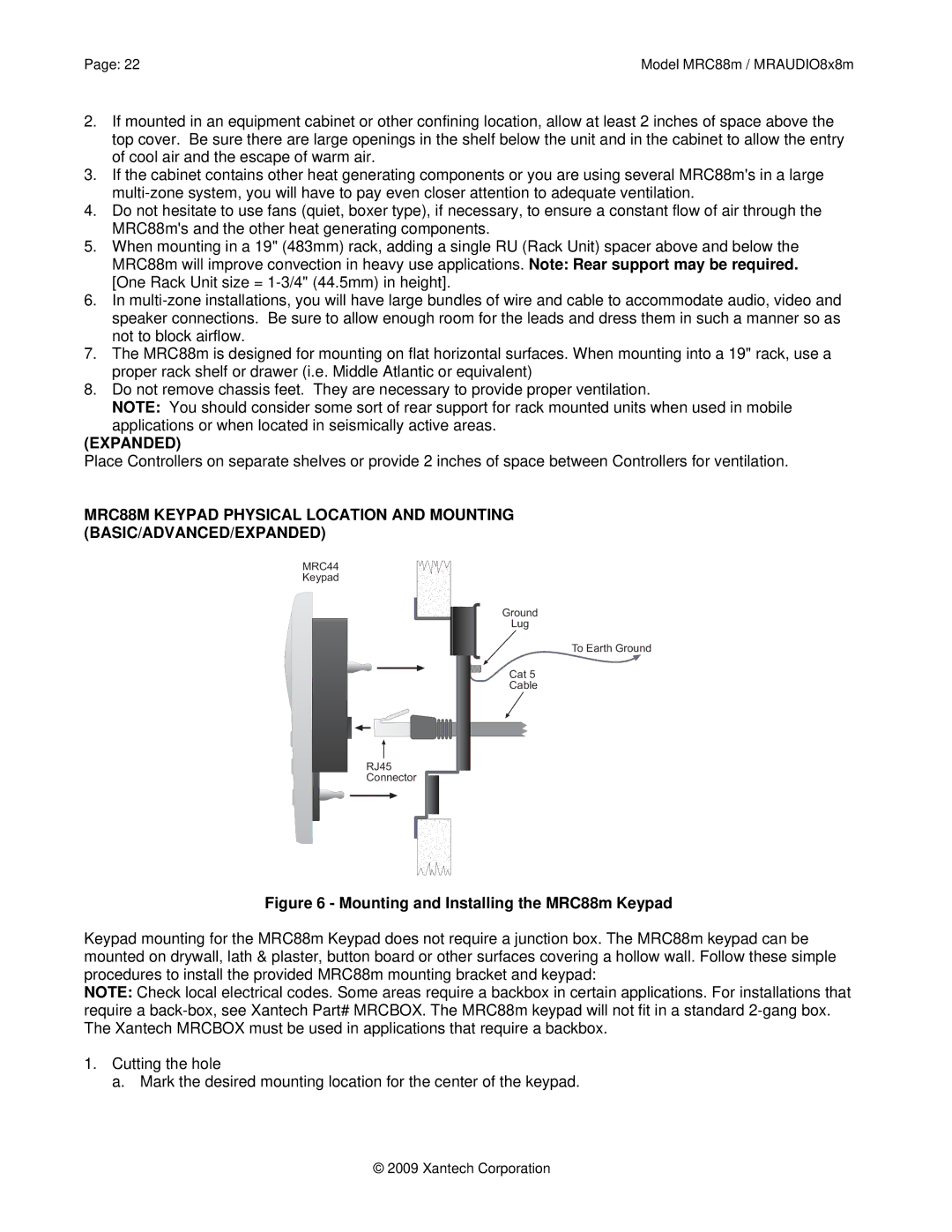 Xantech MRC88M, MRAUDIO8X8M installation instructions Expanded, Mounting and Installing the MRC88m Keypad 