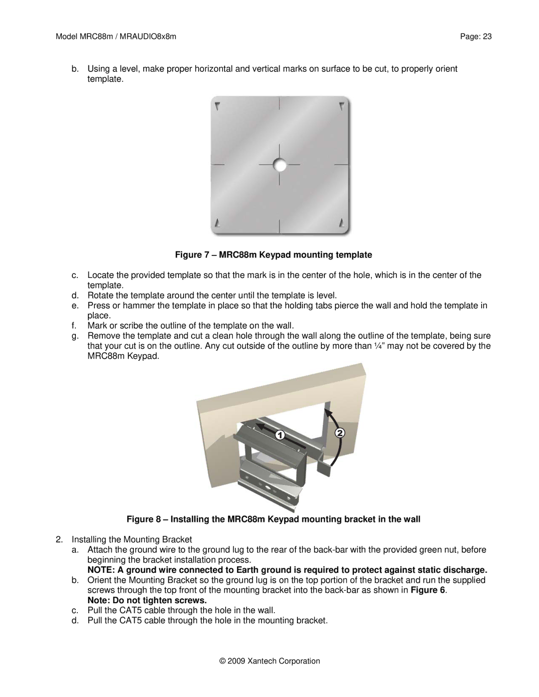 Xantech MRAUDIO8X8M, MRC88M installation instructions MRC88m Keypad mounting template 