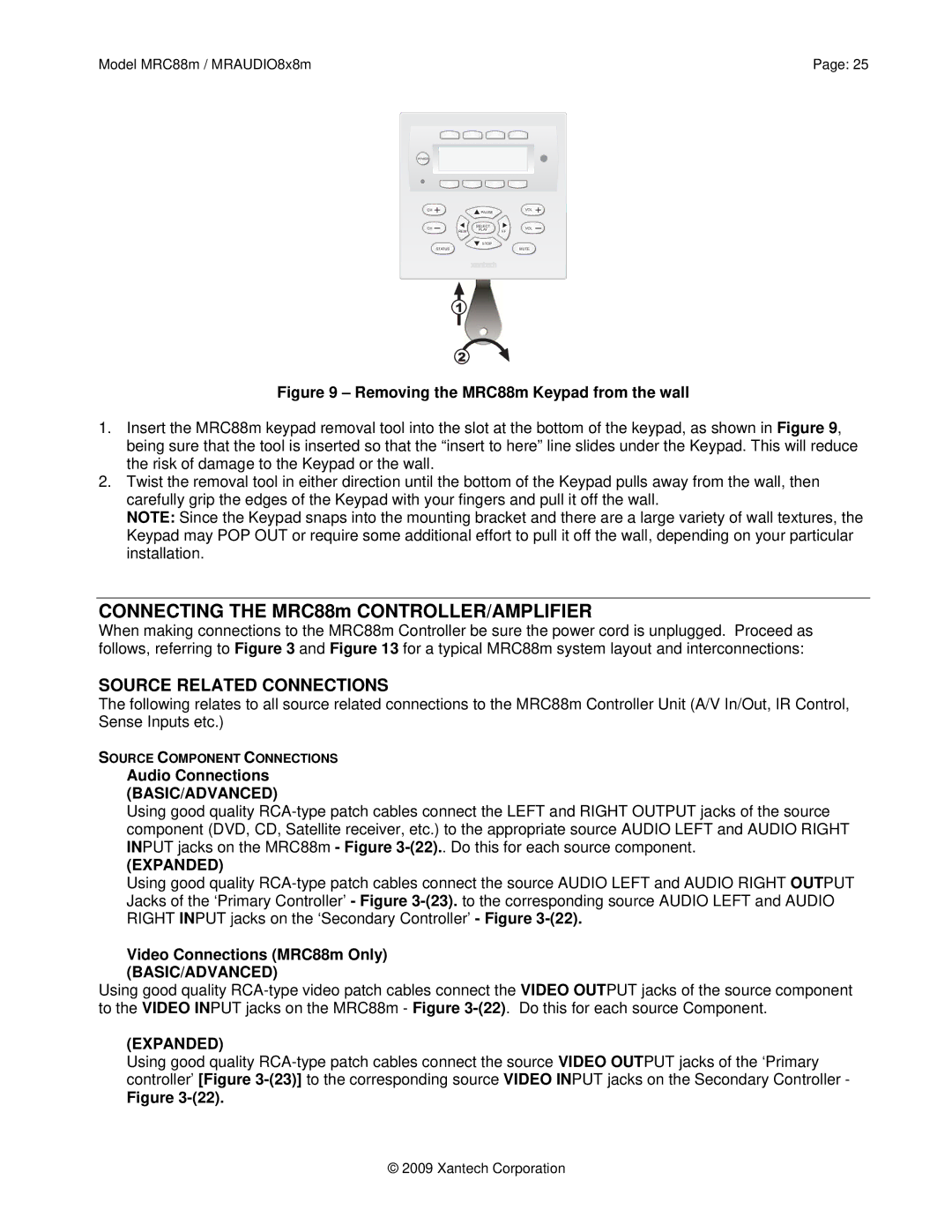 Xantech MRAUDIO8X8M, MRC88M installation instructions Audio Connections, Basic/Advanced, Video Connections MRC88m Only 