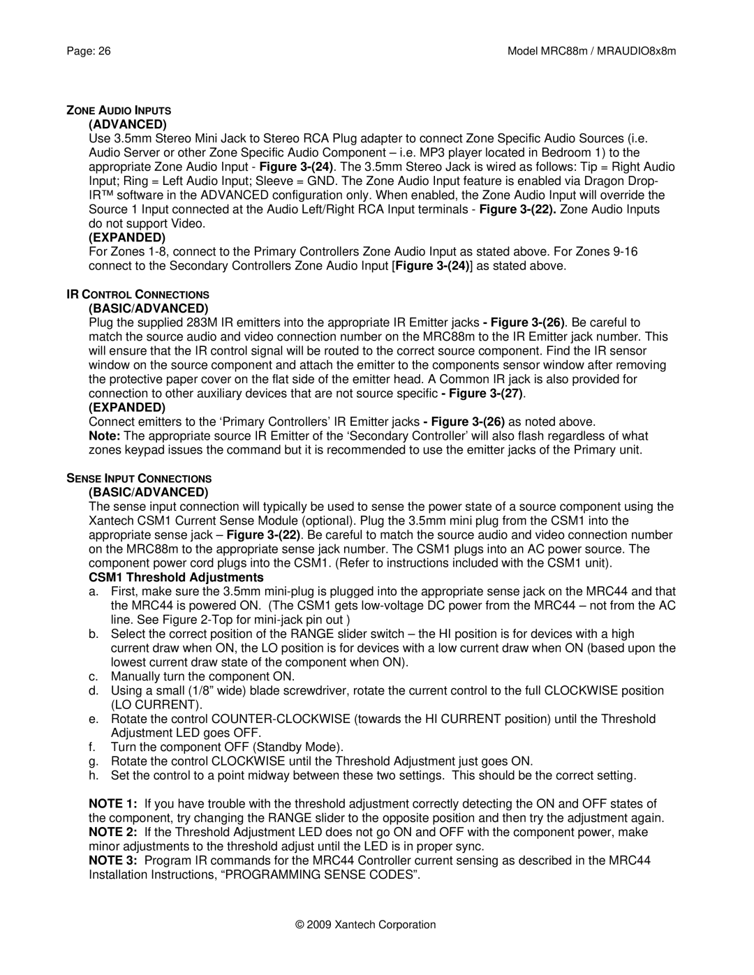 Xantech MRC88M, MRAUDIO8X8M installation instructions Advanced, CSM1 Threshold Adjustments 