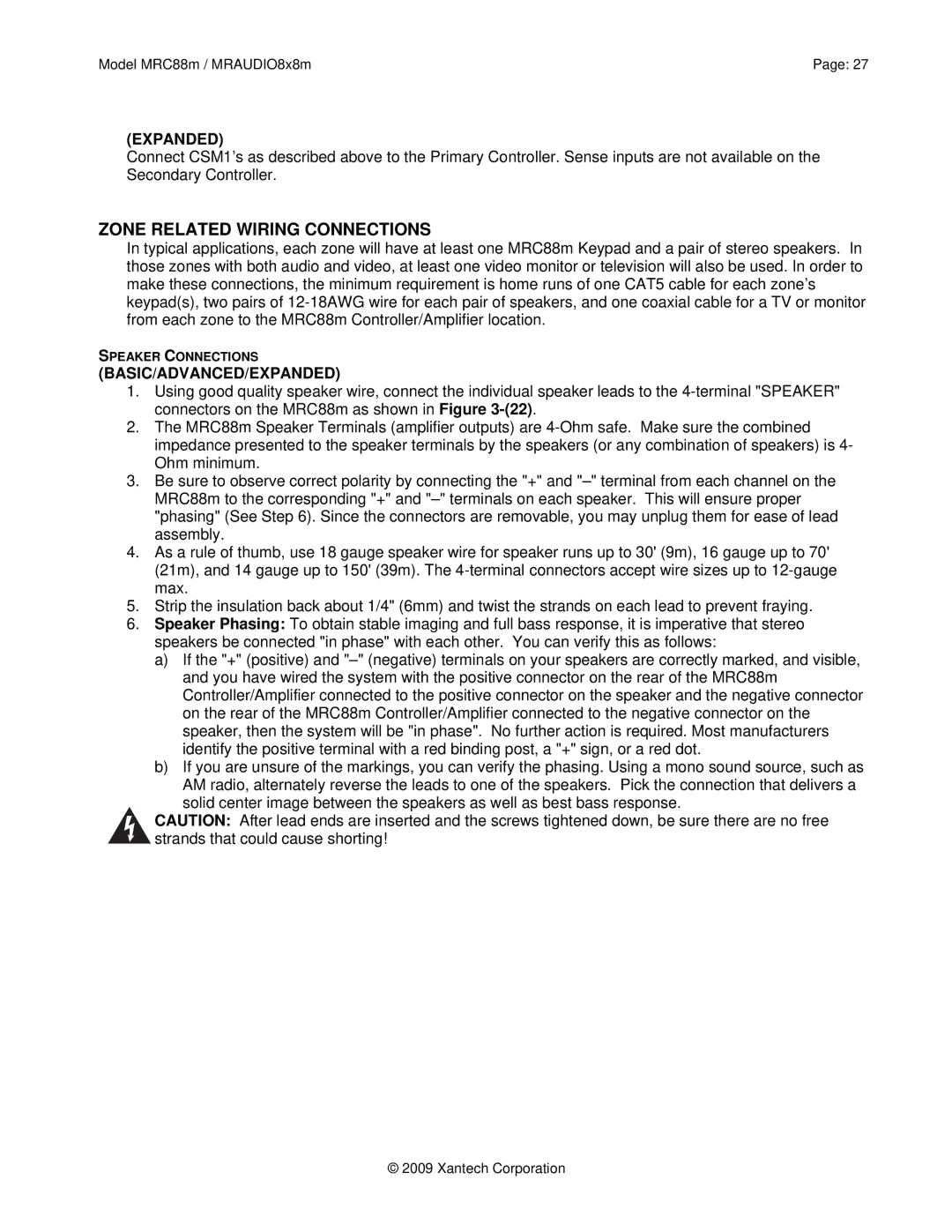 Xantech MRAUDIO8X8M, MRC88M installation instructions Zone Related Wiring Connections, Basic/Advanced/Expanded 