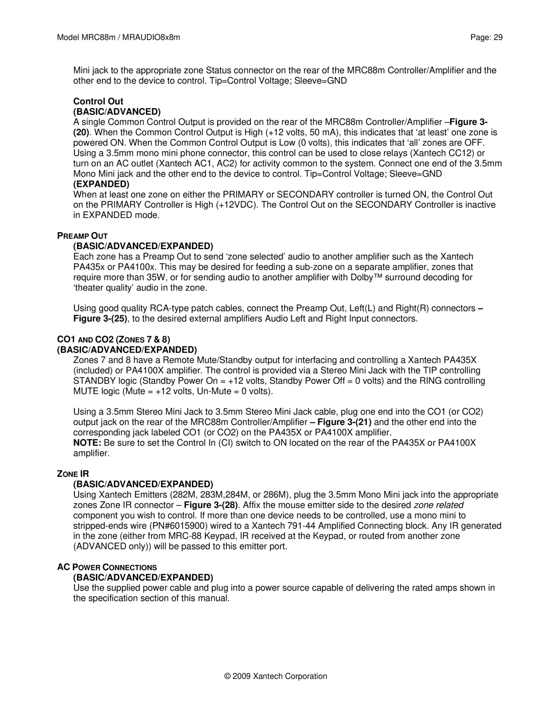 Xantech MRAUDIO8X8M, MRC88M installation instructions Control Out, CO1 and CO2 Zones 7, Zone IR BASIC/ADVANCED/EXPANDED 