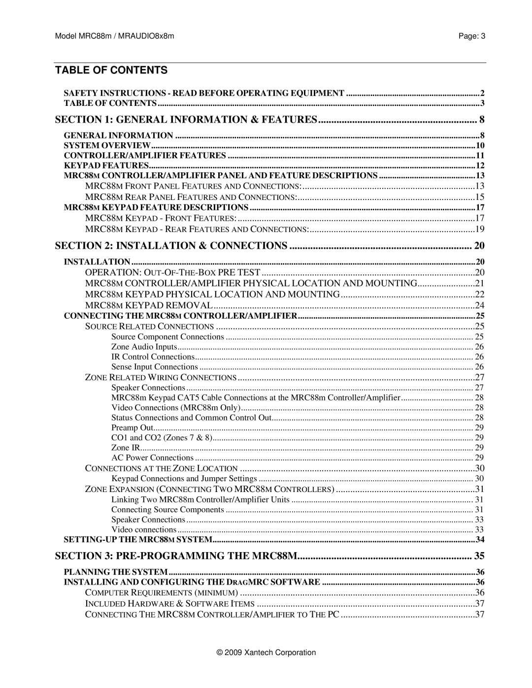 Xantech MRAUDIO8X8M, MRC88M installation instructions Table of Contents 