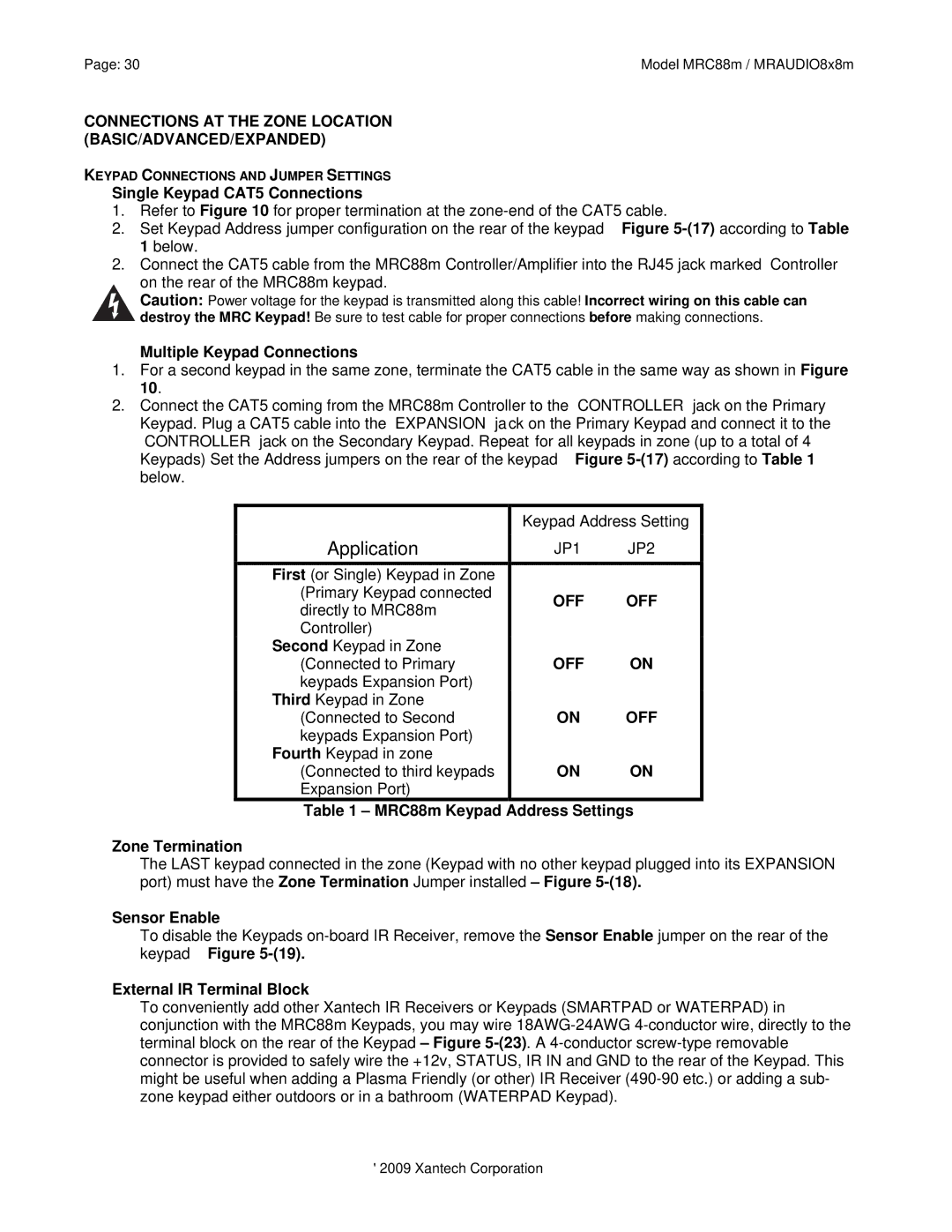 Xantech MRC88M, MRAUDIO8X8M installation instructions Connections AT the Zone Location BASIC/ADVANCED/EXPANDED, Off 