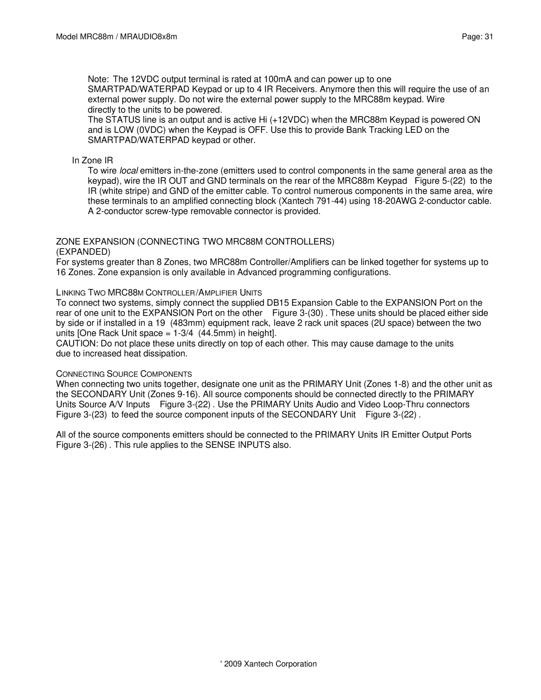 Xantech MRAUDIO8X8M installation instructions Zone IR, Zone Expansion Connecting TWO MRC88M Controllers Expanded 