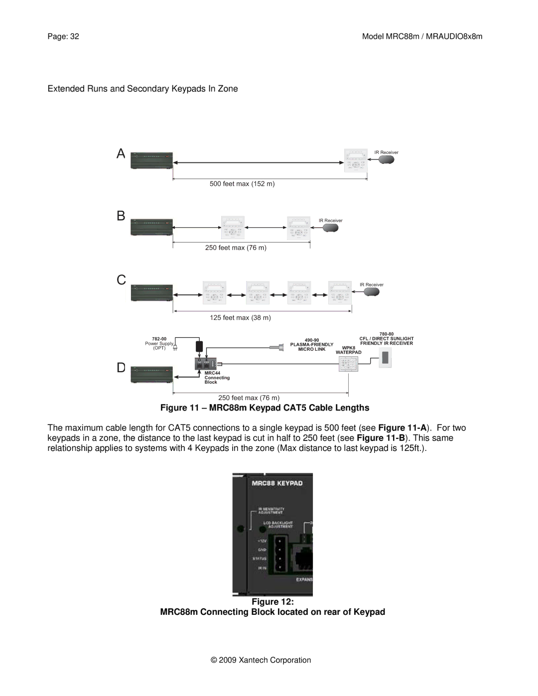 Xantech MRC88M, MRAUDIO8X8M MRC88m Keypad CAT5 Cable Lengths, MRC88m Connecting Block located on rear of Keypad 