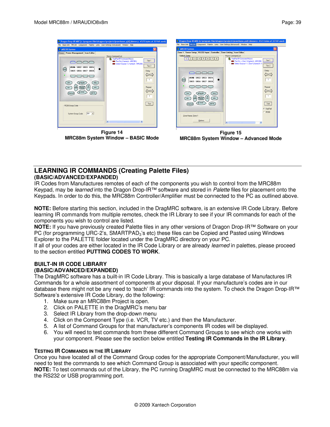 Xantech MRAUDIO8X8M, MRC88M Learning IR Commands Creating Palette Files, BUILT-IN IR Code Library BASIC/ADVANCED/EXPANDED 