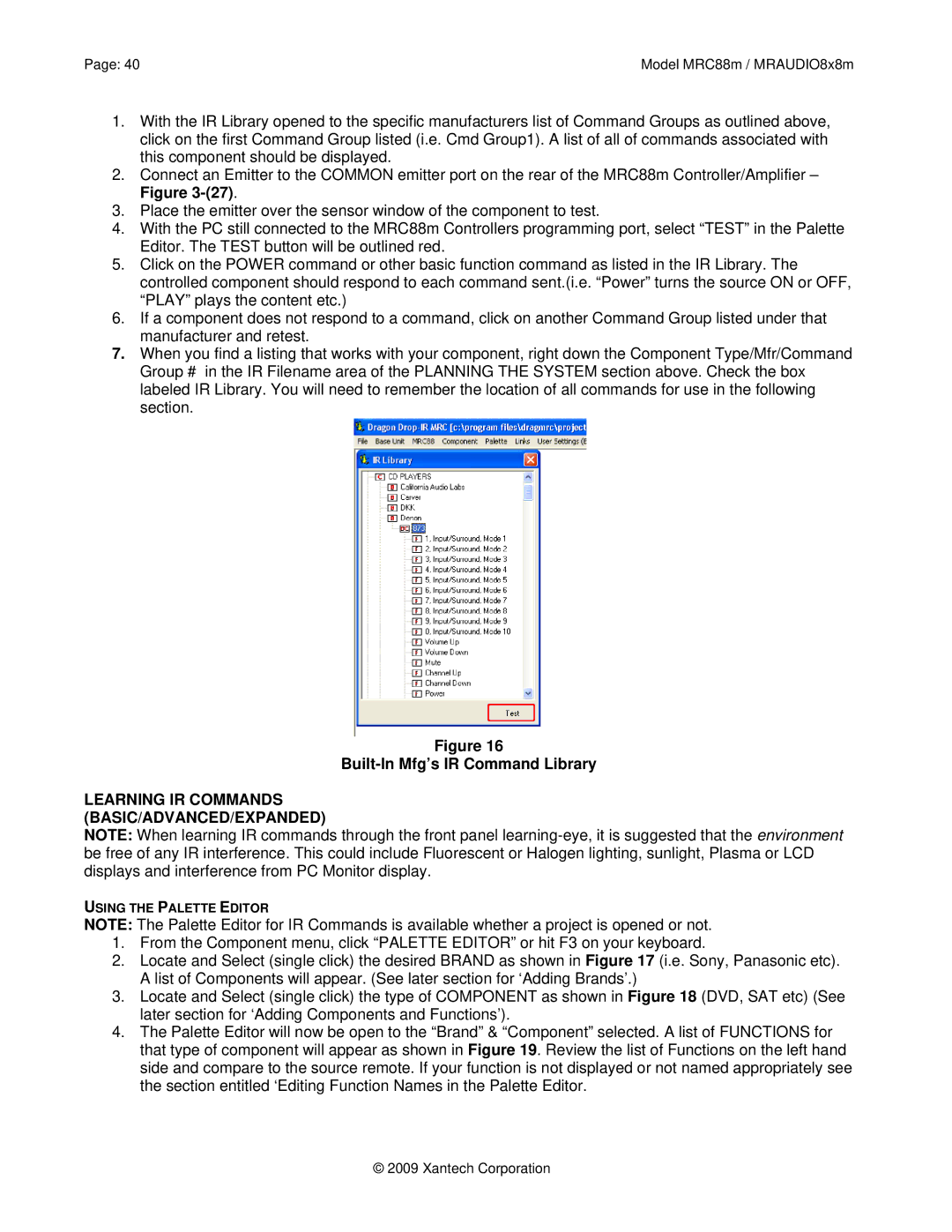 Xantech MRC88M, MRAUDIO8X8M Built-In Mfg’s IR Command Library, Learning IR Commands BASIC/ADVANCED/EXPANDED 