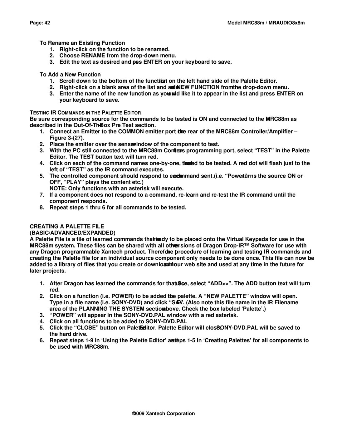Xantech MRC88M To Rename an Existing Function, To Add a New Function, Creating a Palette File BASIC/ADVANCED/EXPANDED 