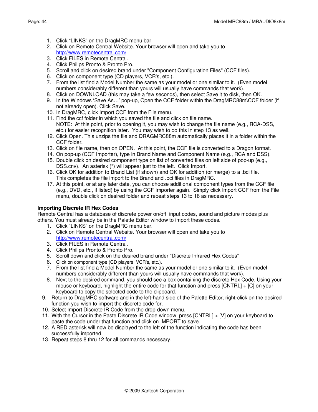 Xantech MRC88M, MRAUDIO8X8M installation instructions Importing Discrete IR Hex Codes 