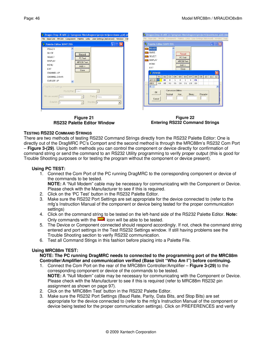 Xantech MRC88M, MRAUDIO8X8M installation instructions RS232 Palette Editor Window, Using PC Test, Using MRC88m Test 