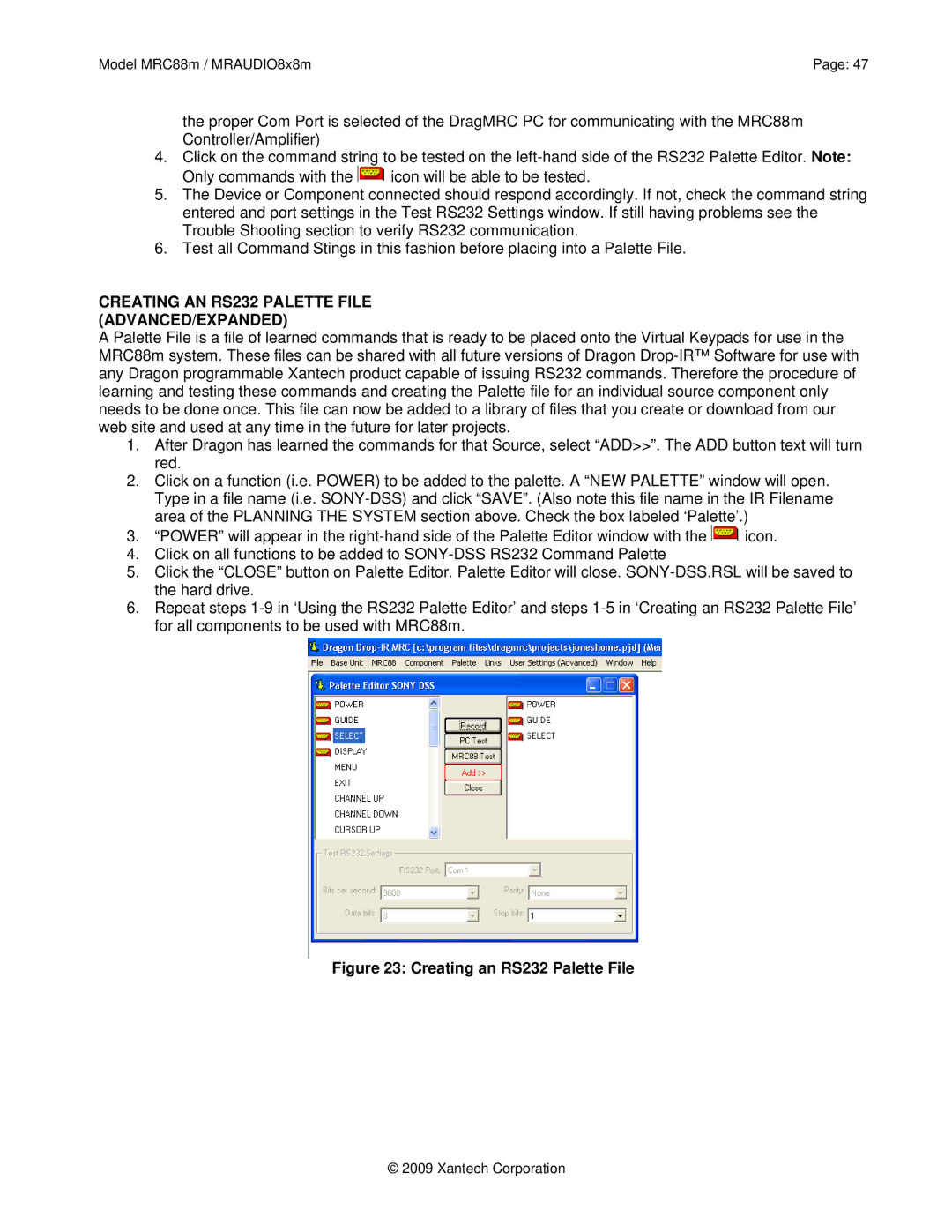 Xantech MRAUDIO8X8M, MRC88M Creating AN RS232 Palette File ADVANCED/EXPANDED, Creating an RS232 Palette File 