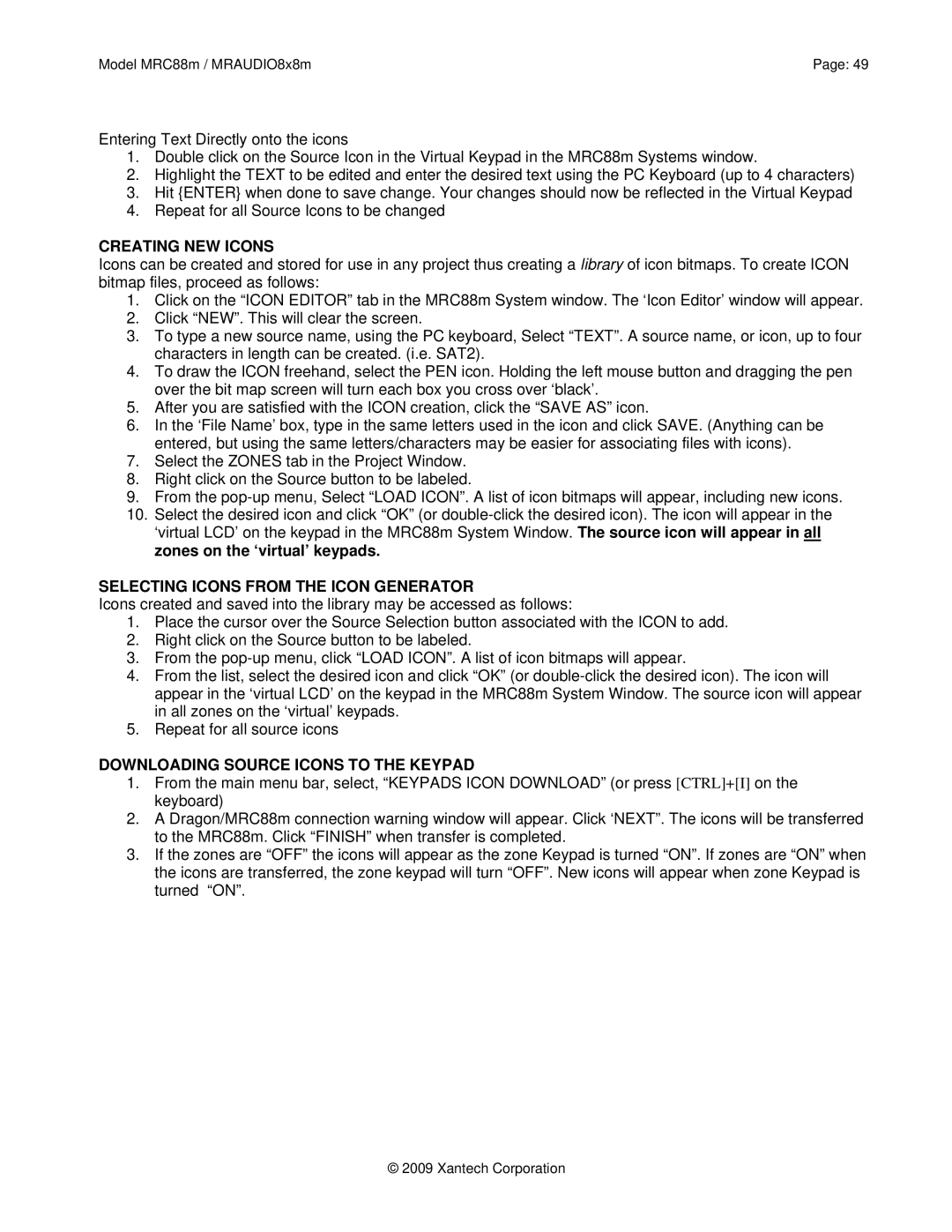 Xantech MRAUDIO8X8M Creating NEW Icons, Selecting Icons from the Icon Generator, Downloading Source Icons to the Keypad 