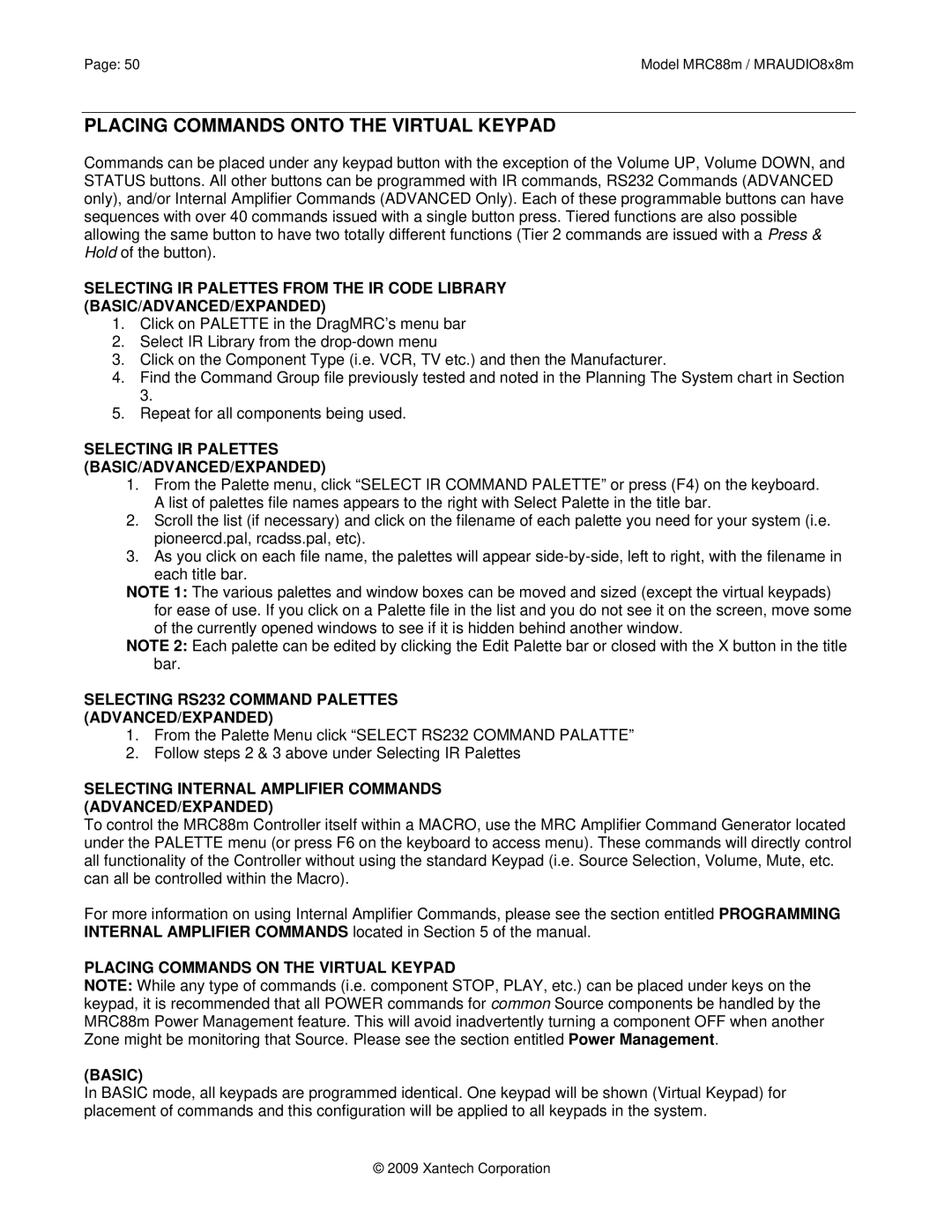 Xantech MRC88M, MRAUDIO8X8M Placing Commands Onto the Virtual Keypad, Selecting IR Palettes BASIC/ADVANCED/EXPANDED 