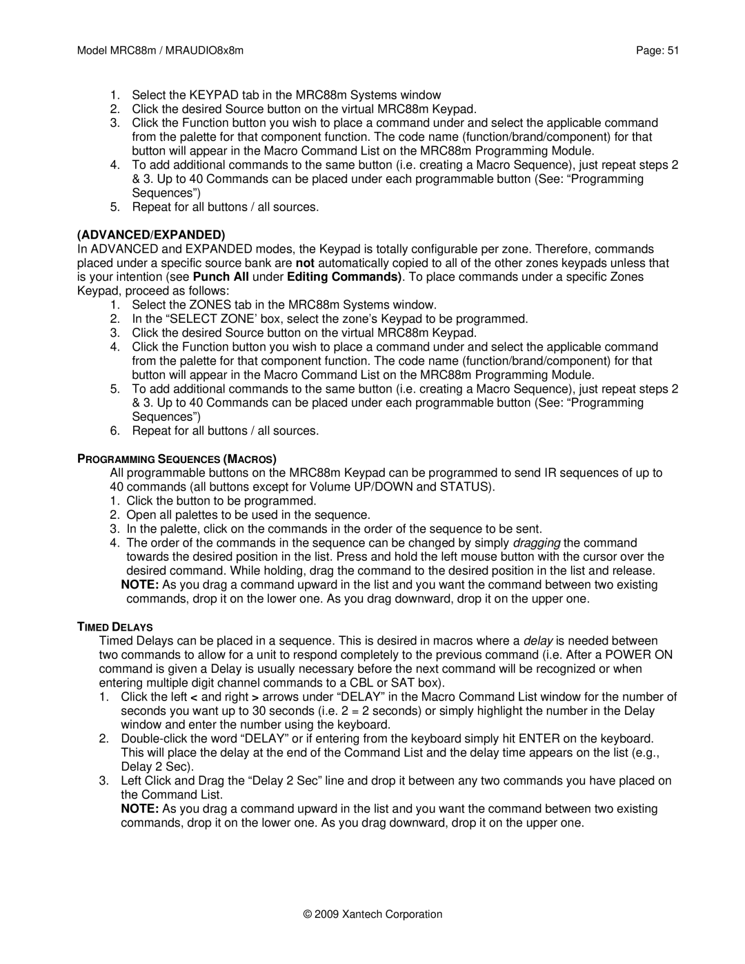 Xantech MRAUDIO8X8M, MRC88M installation instructions Programming Sequences Macros 