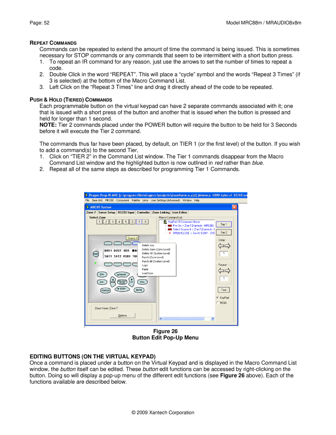 Xantech MRC88M, MRAUDIO8X8M installation instructions Button Edit Pop-Up Menu, Editing Buttons on the Virtual Keypad 