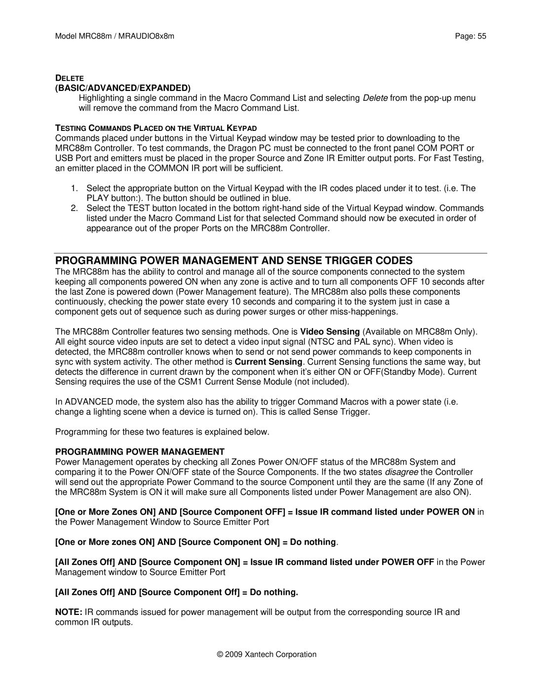 Xantech MRAUDIO8X8M, MRC88M installation instructions Programming Power Management and Sense Trigger Codes 