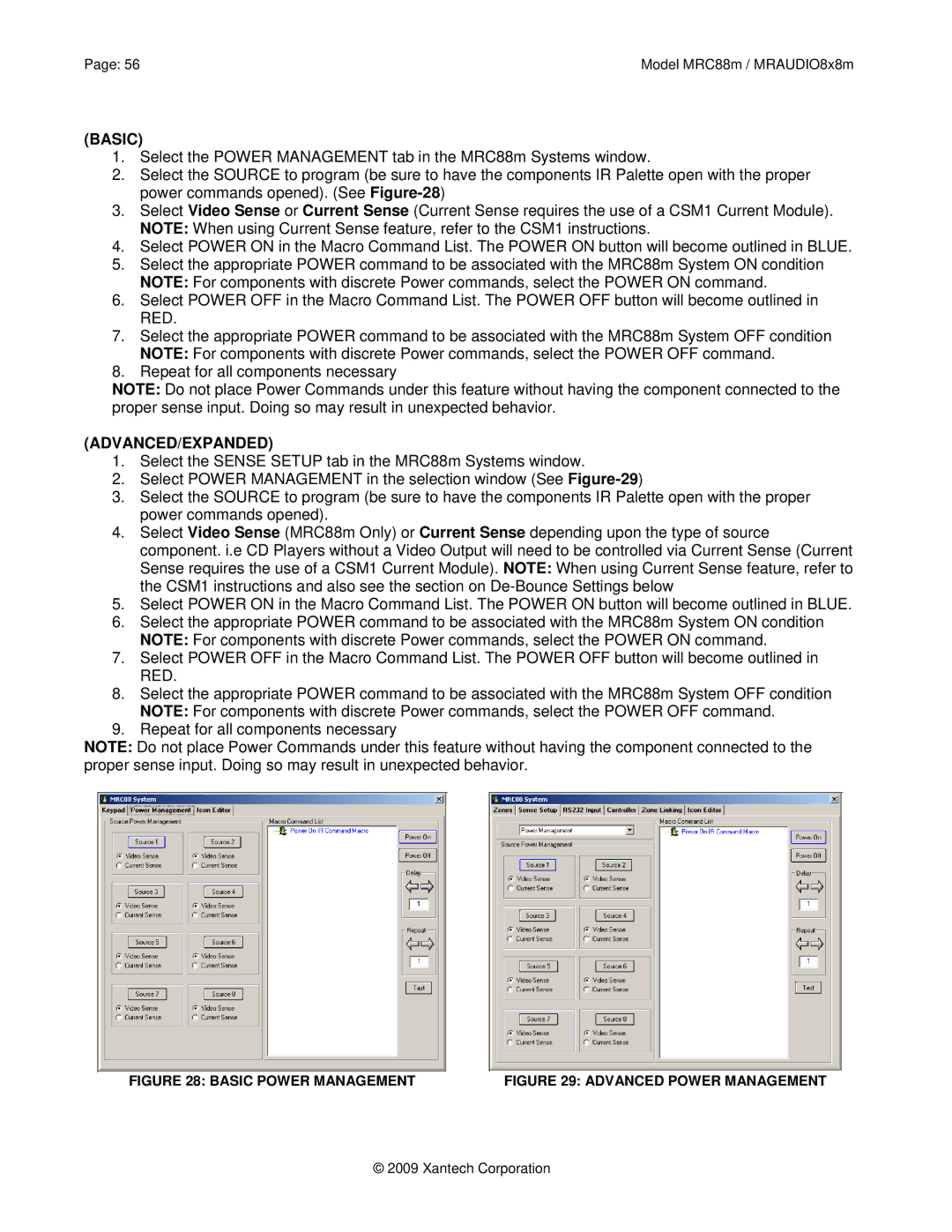 Xantech MRC88M, MRAUDIO8X8M installation instructions Basic Power Management 