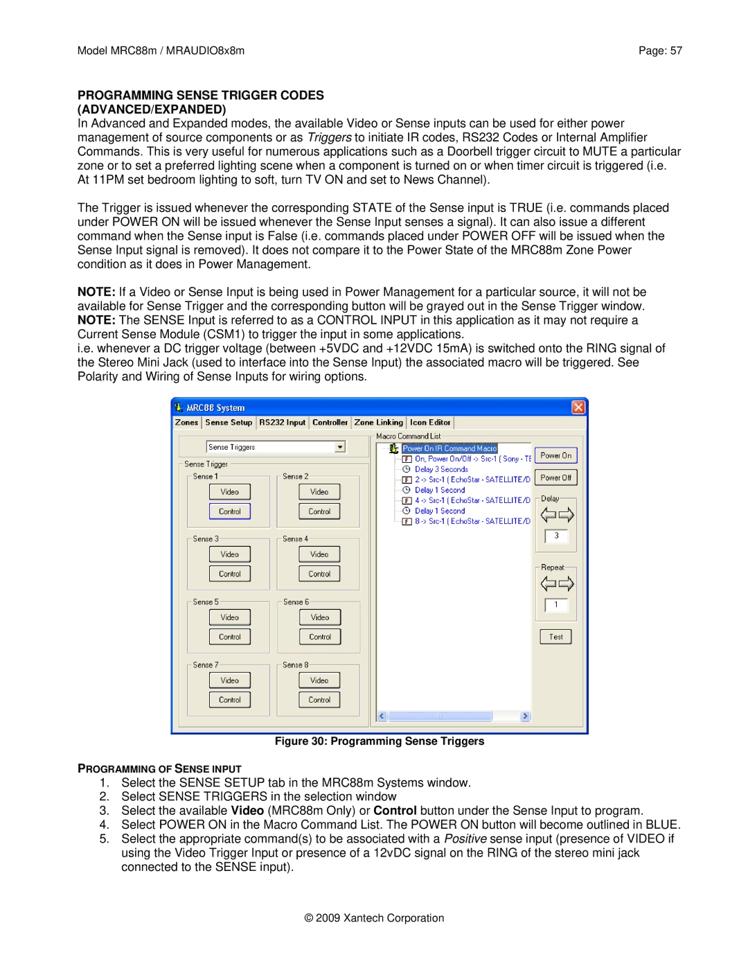 Xantech MRAUDIO8X8M, MRC88M Programming Sense Trigger Codes ADVANCED/EXPANDED, Programming Sense Triggers 