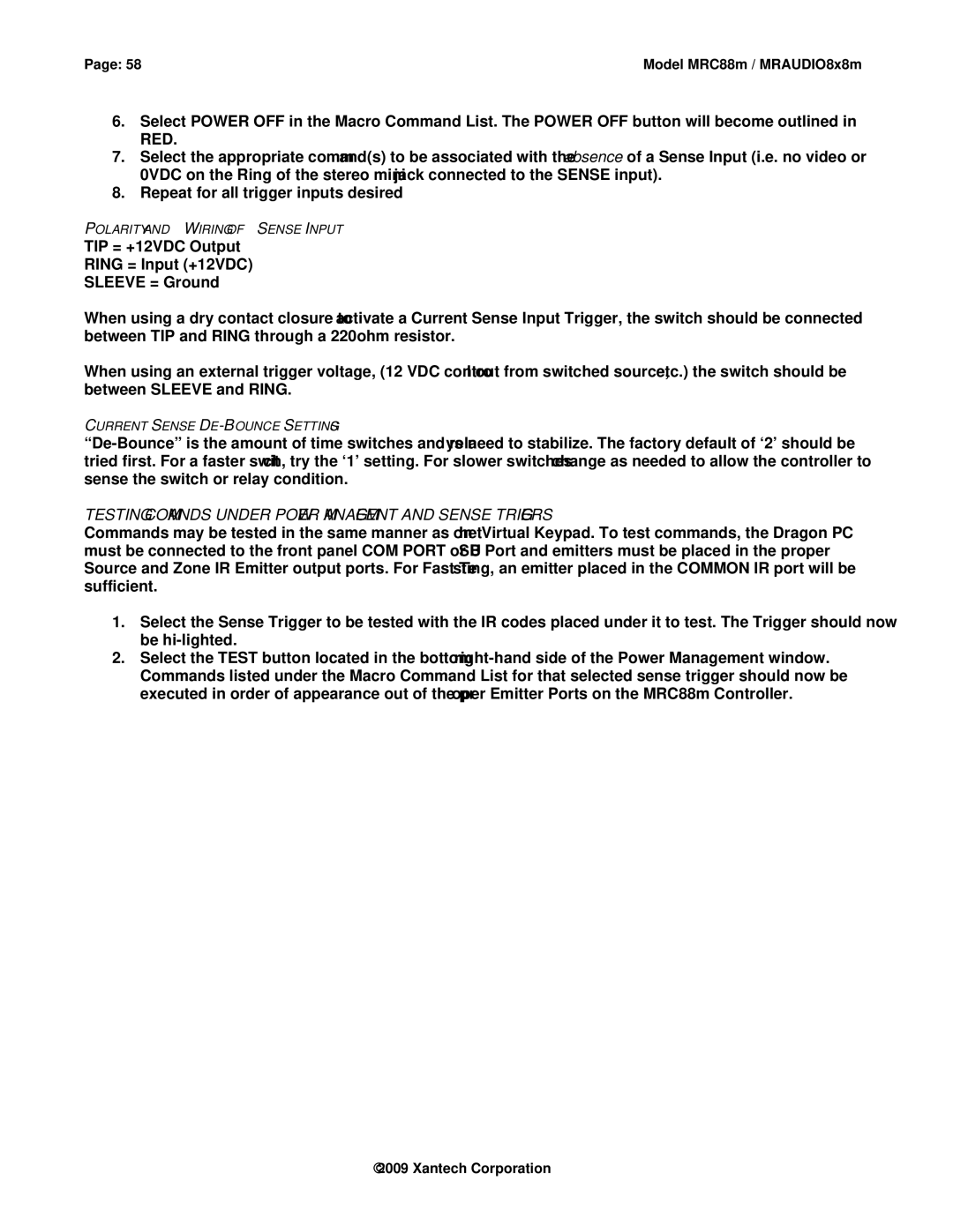 Xantech MRC88M, MRAUDIO8X8M installation instructions Testing Commands Under Power Management and Sense Triggers 