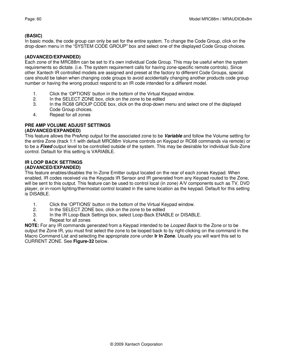 Xantech MRC88M, MRAUDIO8X8M PRE AMP Volume Adjust Settings ADVANCED/EXPANDED, IR Loop Back Settings ADVANCED/EXPANDED 