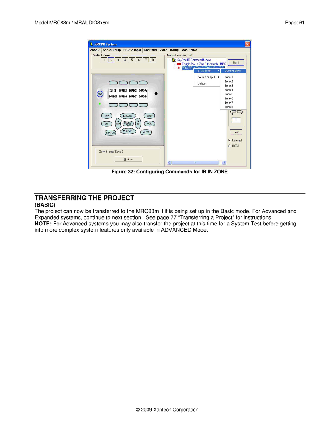 Xantech MRAUDIO8X8M, MRC88M installation instructions Transferring the Project, Configuring Commands for IR in Zone 