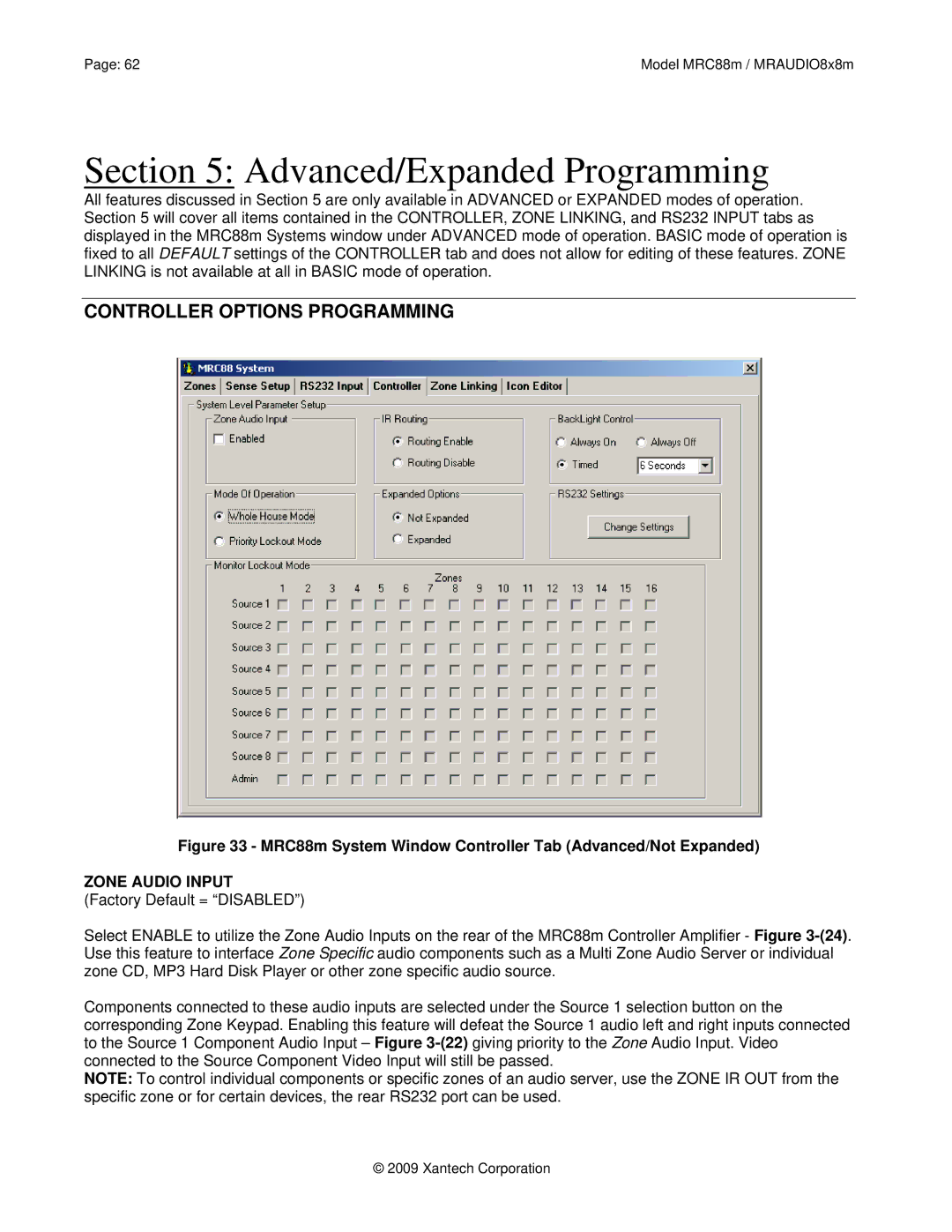Xantech MRC88M, MRAUDIO8X8M installation instructions Controller Options Programming, Zone Audio Input 