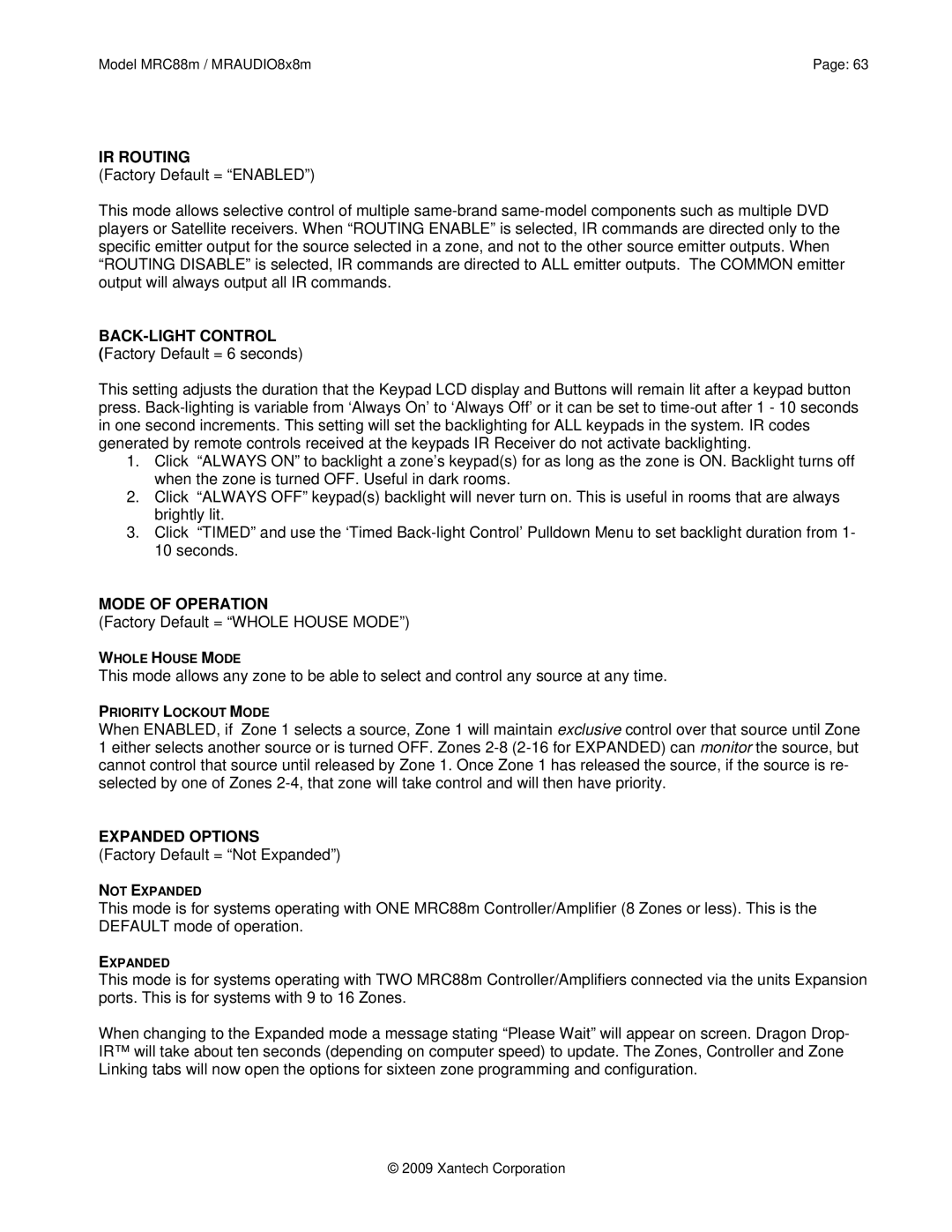 Xantech MRAUDIO8X8M, MRC88M installation instructions IR Routing, BACK-LIGHT Control, Mode of Operation, Expanded Options 