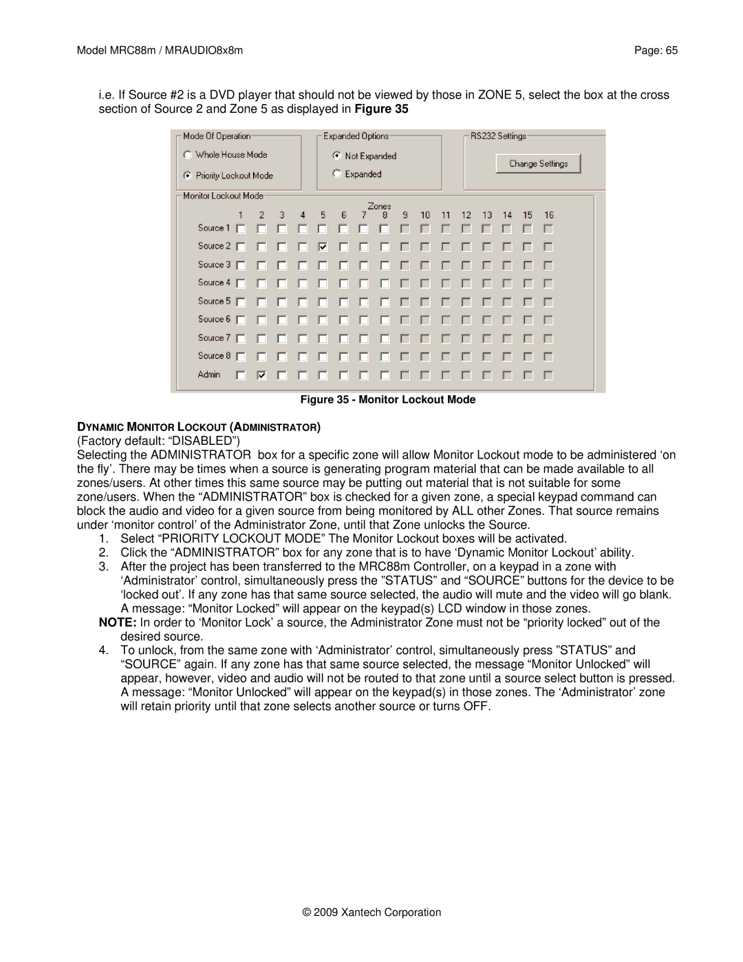 Xantech MRAUDIO8X8M, MRC88M installation instructions Monitor Lockout Mode 