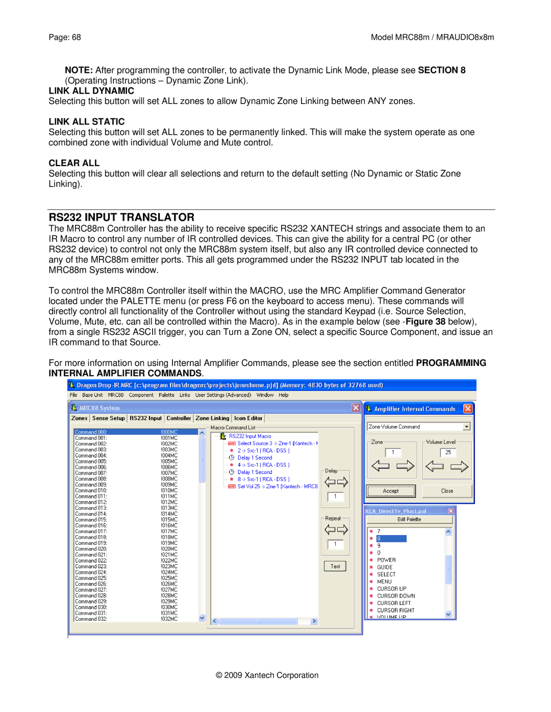 Xantech MRC88M, MRAUDIO8X8M installation instructions RS232 Input Translator, Link ALL Dynamic, Link ALL Static, Clear ALL 
