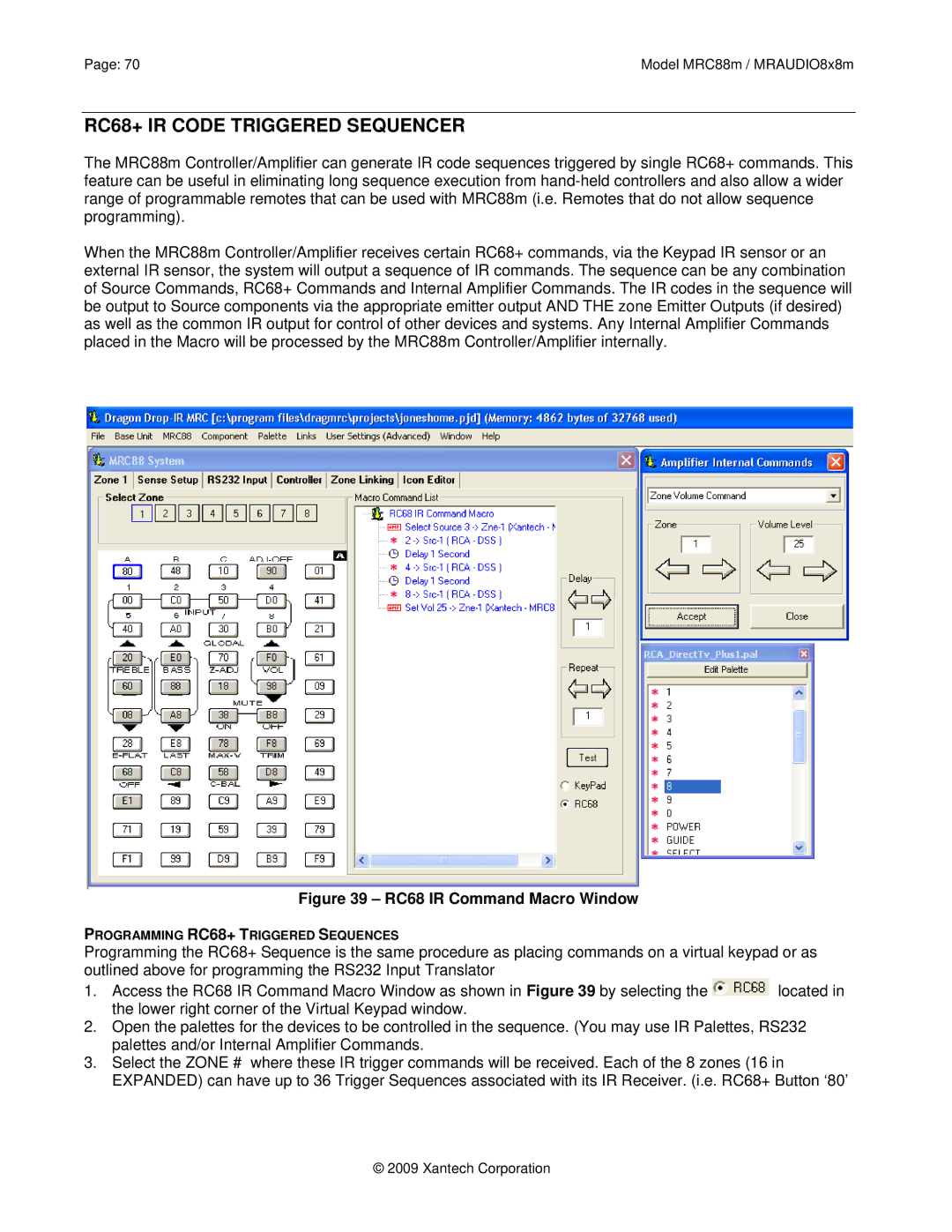 Xantech MRC88M, MRAUDIO8X8M installation instructions RC68+ IR Code Triggered Sequencer, RC68 IR Command Macro Window 