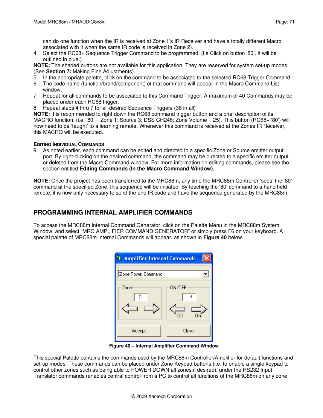 Xantech MRAUDIO8X8M, MRC88M Programming Internal Amplifier Commands, Internal Amplifier Command Window 