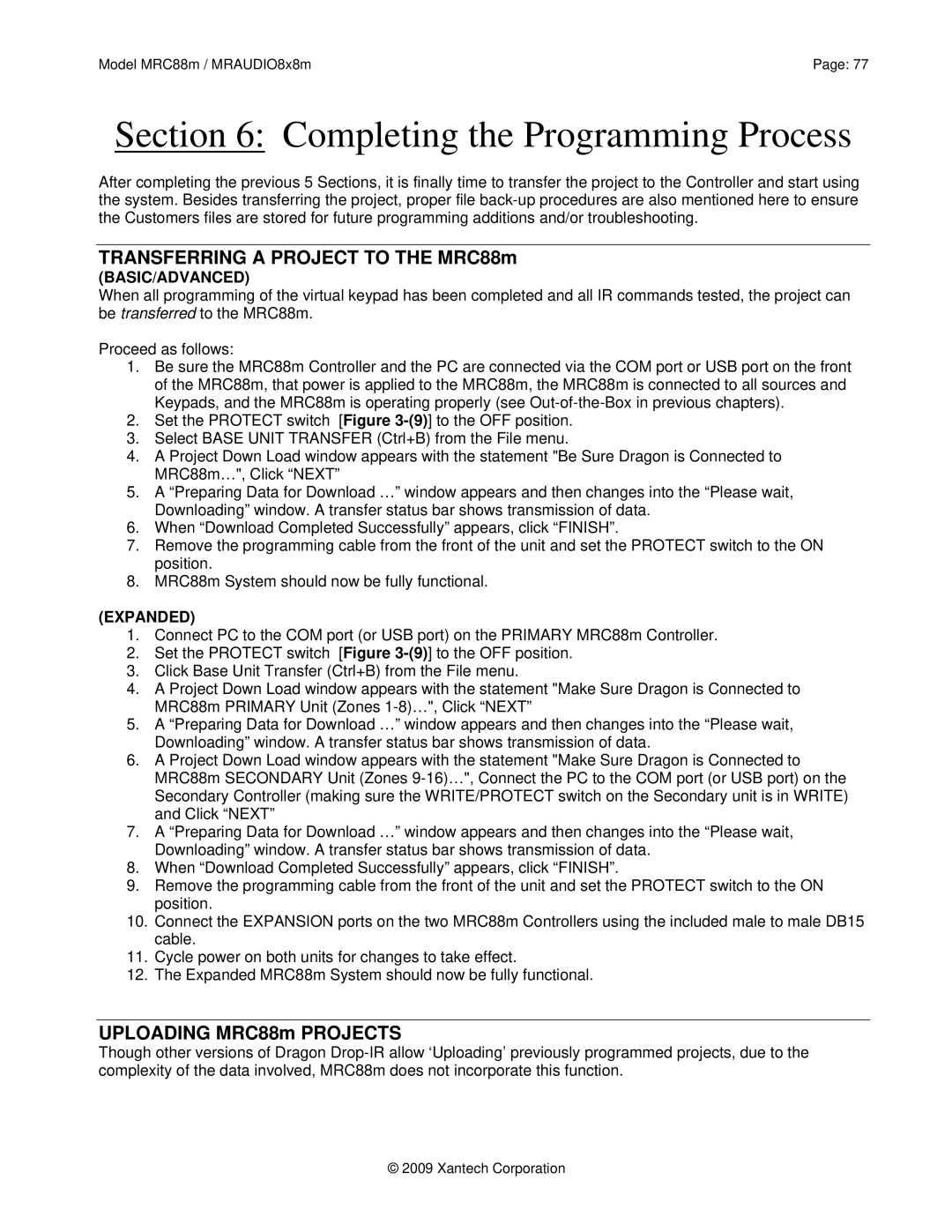 Xantech MRAUDIO8X8M, MRC88M installation instructions Completing the Programming Process 