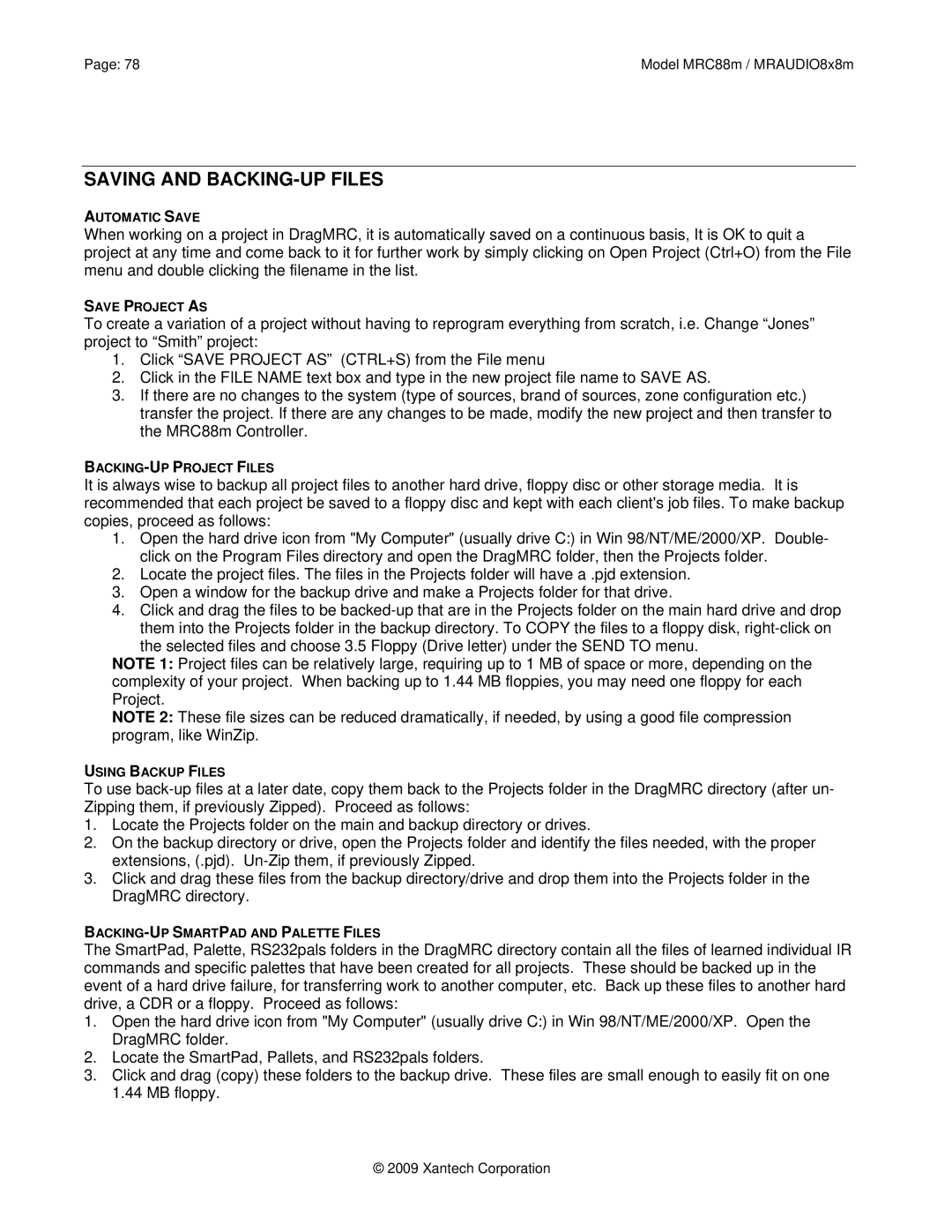 Xantech MRC88M, MRAUDIO8X8M installation instructions Saving and BACKING-UP Files 