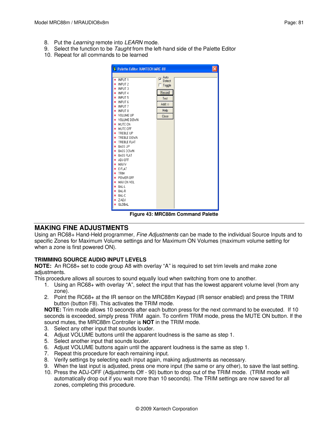 Xantech MRAUDIO8X8M, MRC88M installation instructions Making Fine Adjustments, Trimming Source Audio Input Levels 