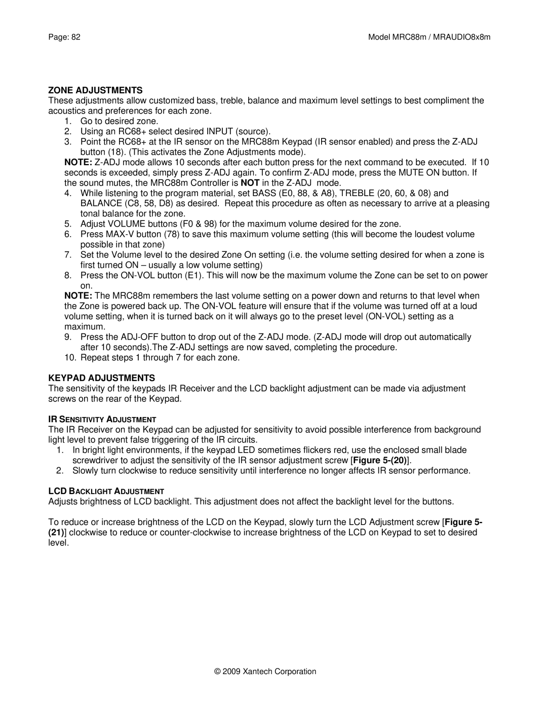 Xantech MRC88M, MRAUDIO8X8M installation instructions Zone Adjustments, Keypad Adjustments 