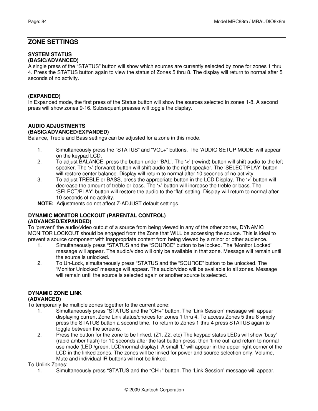 Xantech MRC88M, MRAUDIO8X8M Zone Settings, System Status BASIC/ADVANCED, Audio Adjustments BASIC/ADVANCED/EXPANDED 