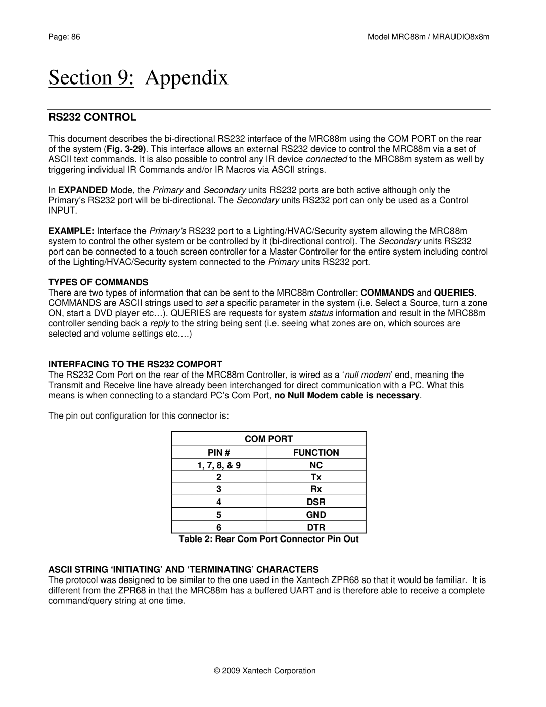 Xantech MRC88M, MRAUDIO8X8M installation instructions RS232 Control 