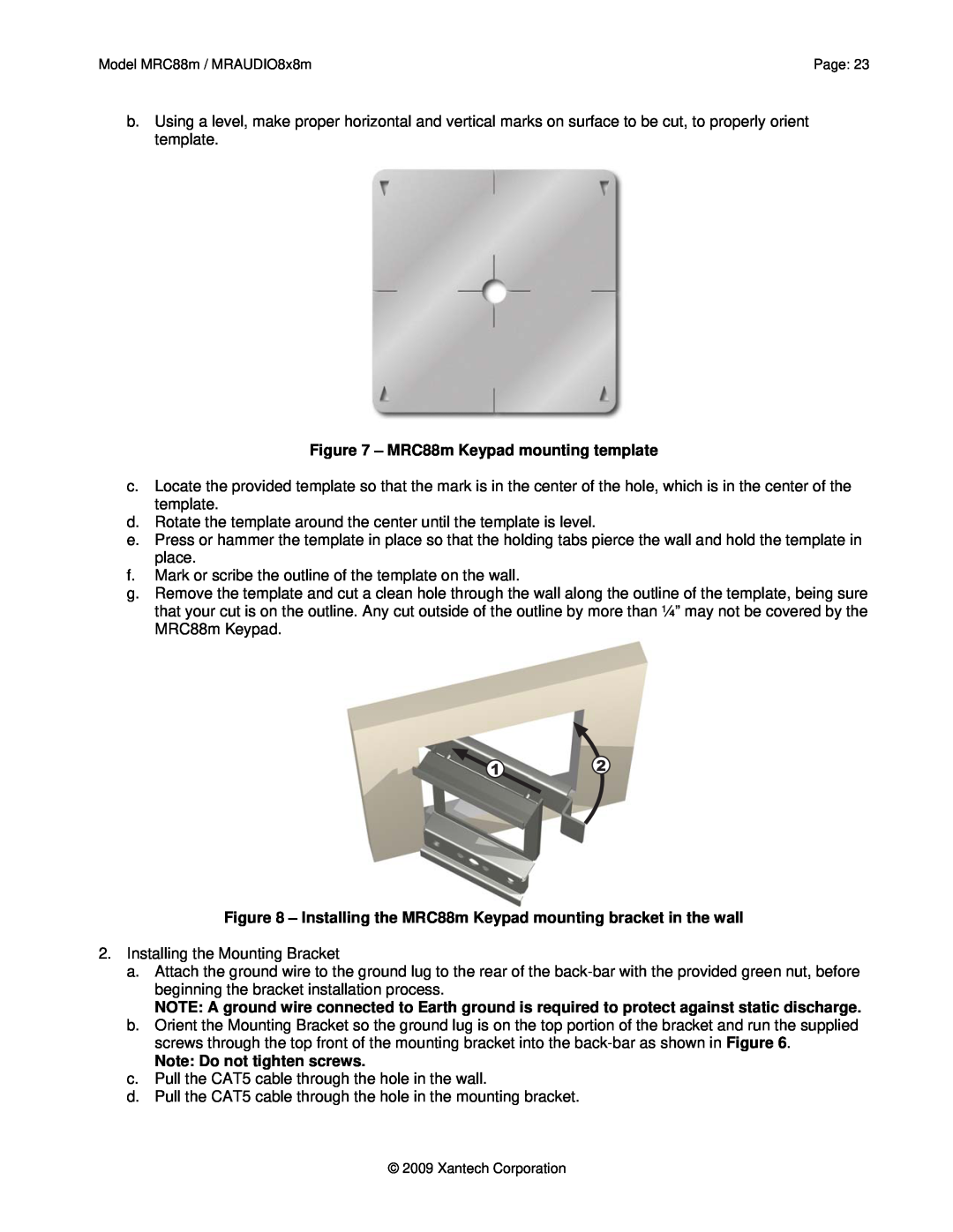 Xantech MRAUDIO8X8M, MRC88M installation instructions MRC88m Keypad mounting template, Note: Do not tighten screws 