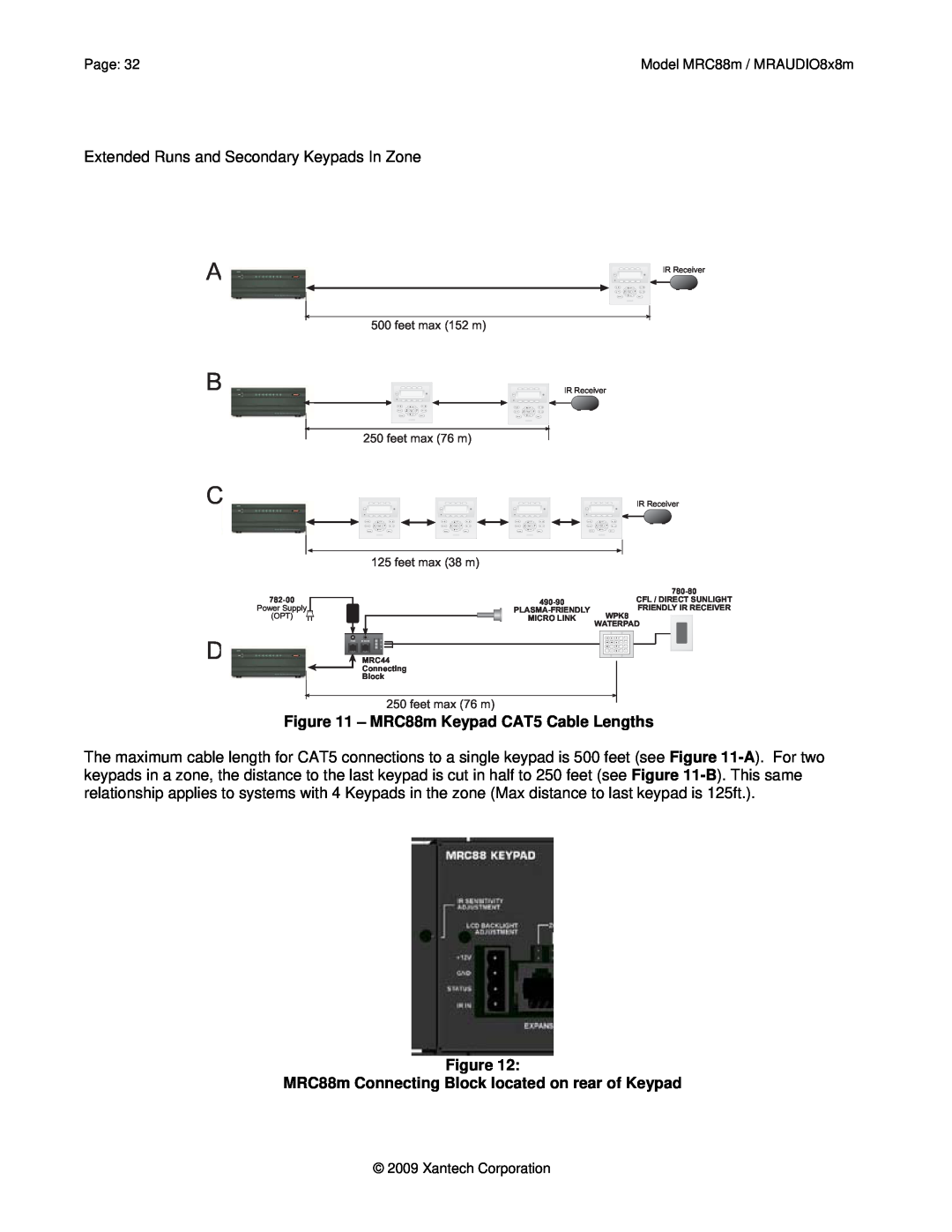 Xantech MRC88M, MRAUDIO8X8M MRC88m Keypad CAT5 Cable Lengths, MRC88m Connecting Block located on rear of Keypad 