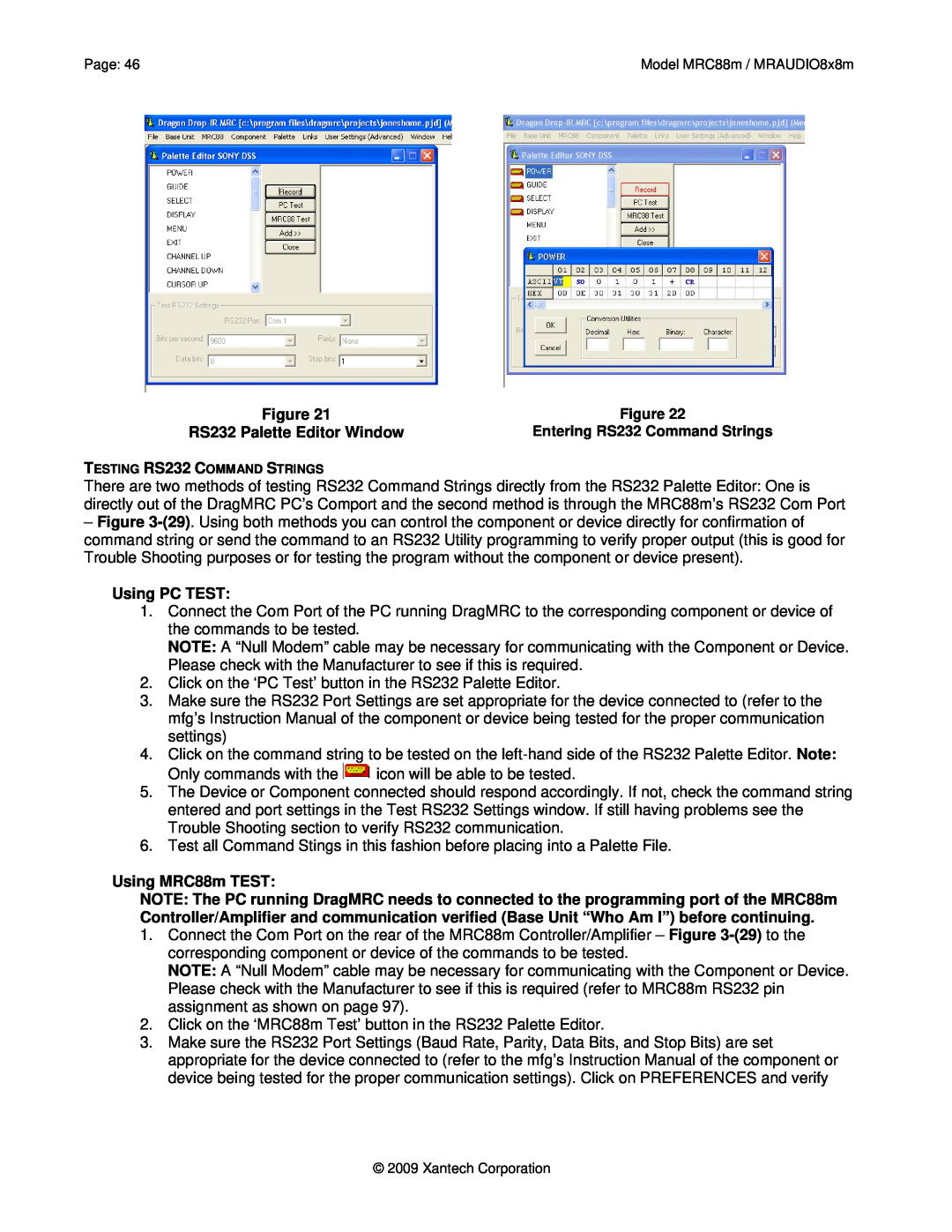 Xantech MRC88M Figure, RS232 Palette Editor Window, Using PC TEST, Using MRC88m TEST, Entering RS232 Command Strings 